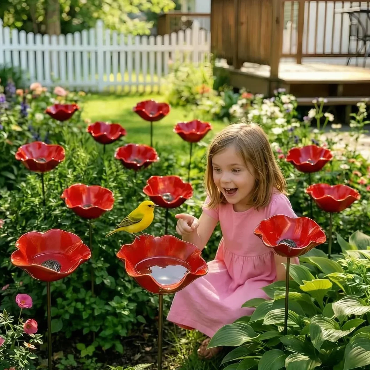 Bain d'oiseaux Abreuvoir Abeilles en Métal Motif Fleur Extérieur Résistante Intempéries Jardin Décoration (Red)