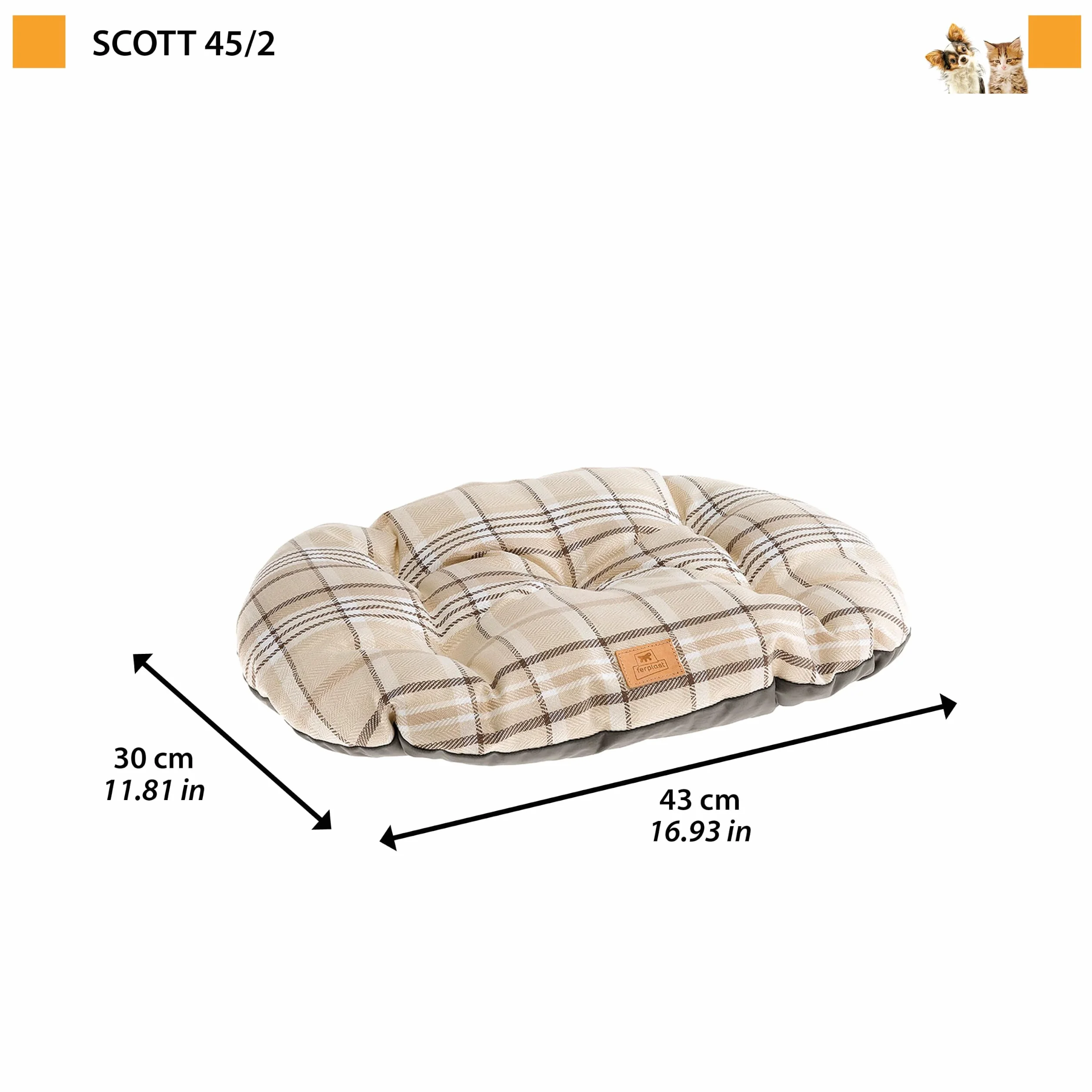 Ferplast Scott Coussin Rembourré Double-Face Écossais Velours Lavable Chien Chat Marron 45/2