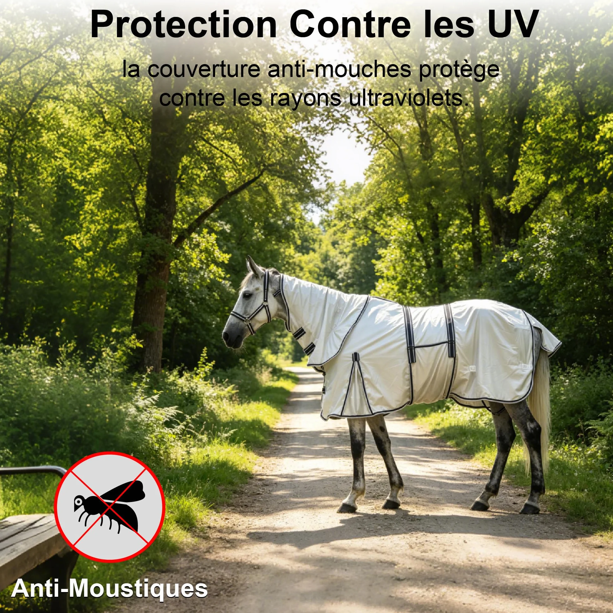 Couverture Anti-Mouches Gris Clair 155 cm avec Couvre-Cou Amovible, Bande Ventrale, Maille Respirante, Protection Anti-UV