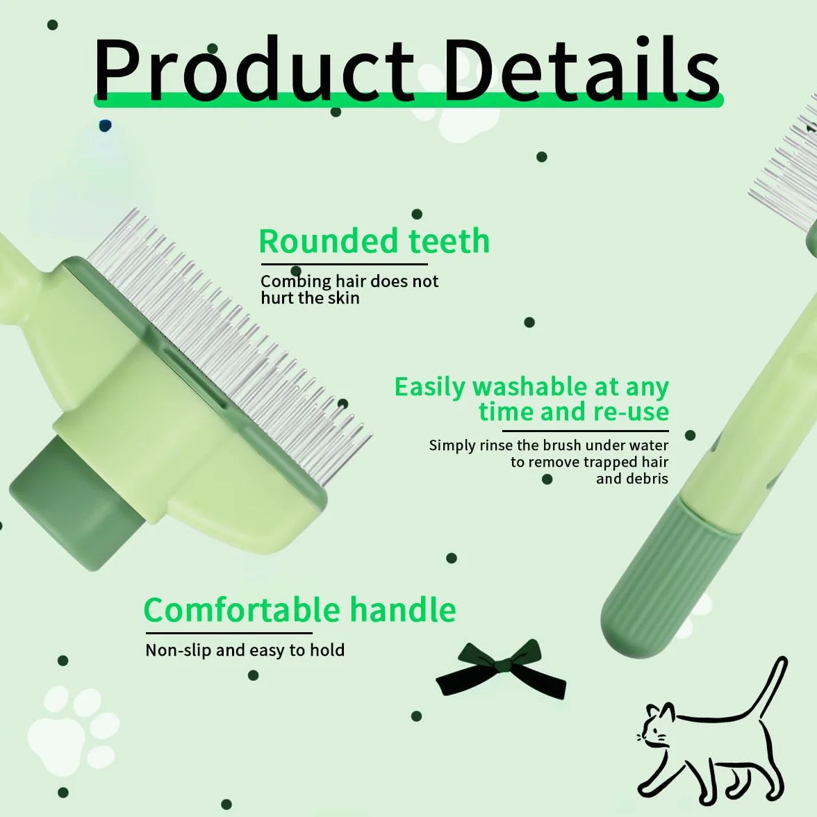 Peigne anti-puces autonettoyant pour chats, brosse de toilettage avec bouton, nettoyage rapide poils errants (vert)