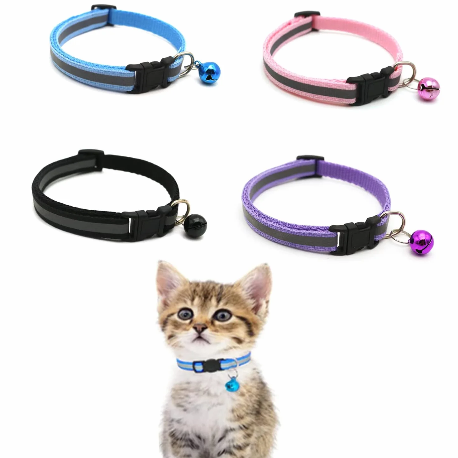 Collier Chat Réfléchissant 4 Pièces Réglable Anti Étranglement avec Clochette et Boucle de Sécurité