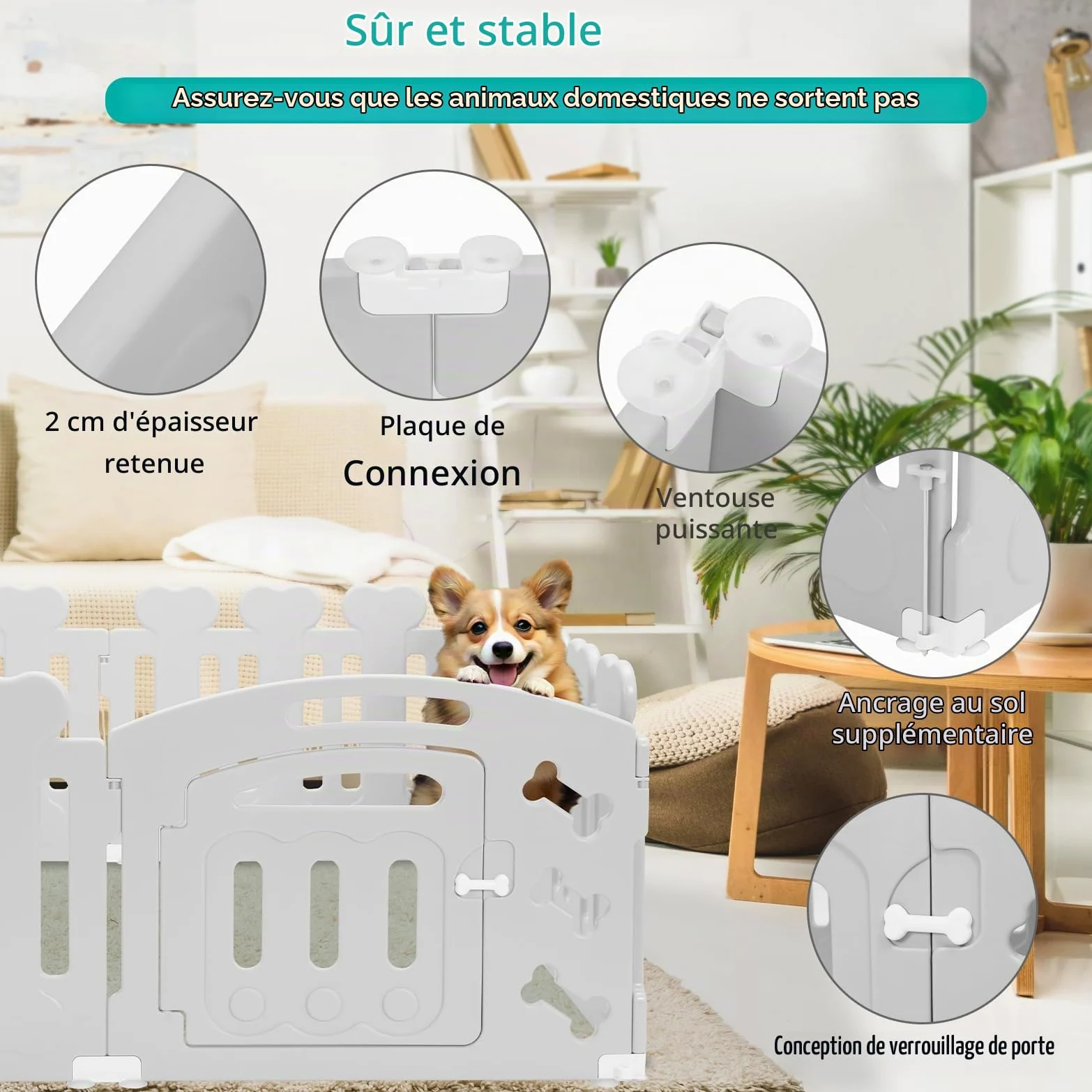 MAMIZO Parc pour Chien 60 cm Haut, Plastique Parc Chien 7+1 PCS Panneaux, Parc Chiot Pliable avec Portail, avec ventouses et ancrages au Sol, Enclos pour Chat et Lapin Interieur Extérieur, Gris | Parc Chiot Pliable avec Portail, avec ventouses et ancrages