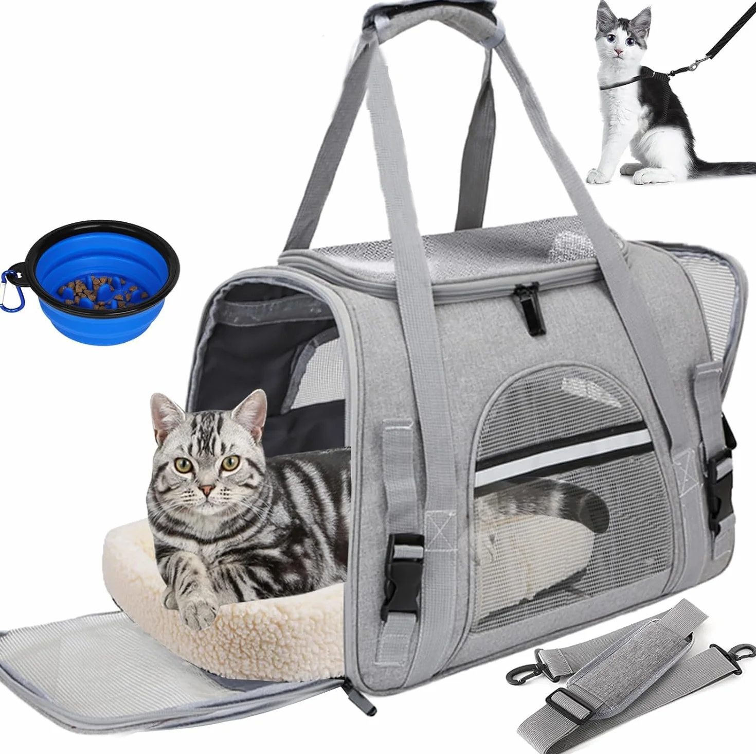 Sac de Transport pour Chat Chien avec Matelas Amovible et Bol, Pliable et Respirant (Gris)