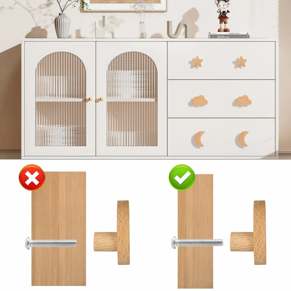 Poignées de Meubles en Bois Aolso, 6pcs Nuages Étoiles Lune, Poignée d'Armoire Tiroir Chambre Enfant