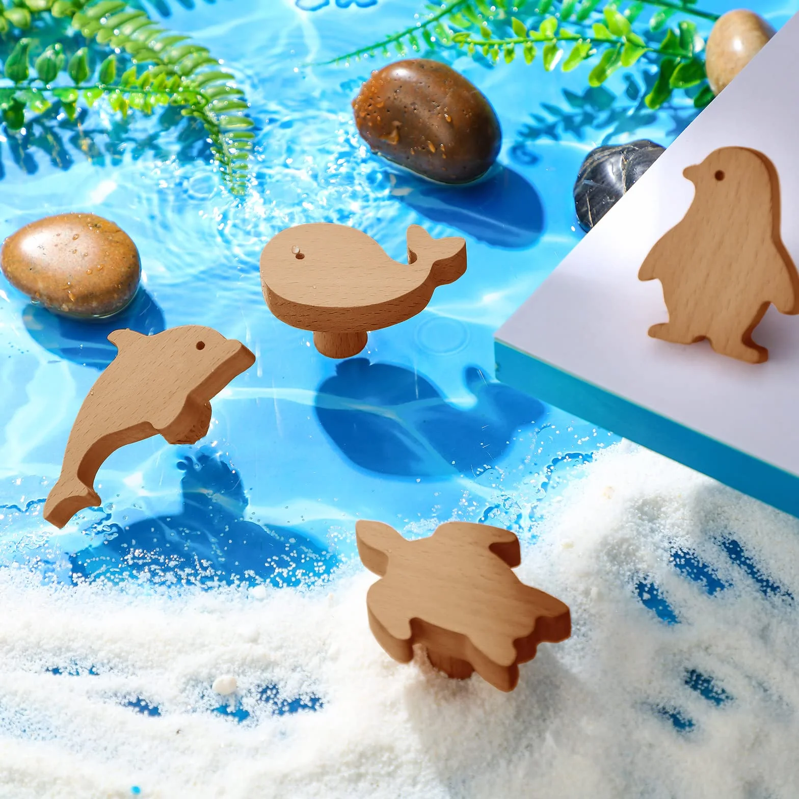 Lot de 6 boutons d'armoire en bois animaux marins – Poignées de commode décoratives avec vis – Poignées de meubles pour tiroir chambre enfant