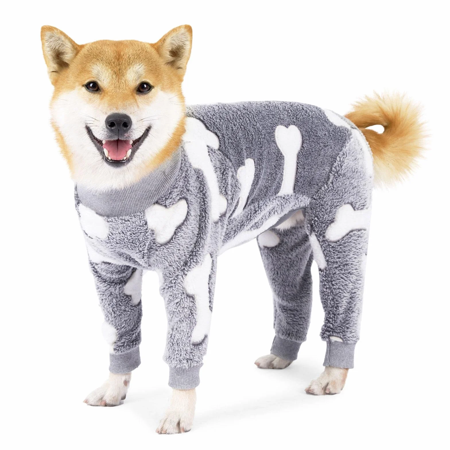 Pyjama Chien en Flanelle pour Petite à Moyenne Taille Combinaison Chirurgicale Anti-fuites Hiver (S, os+Gris)