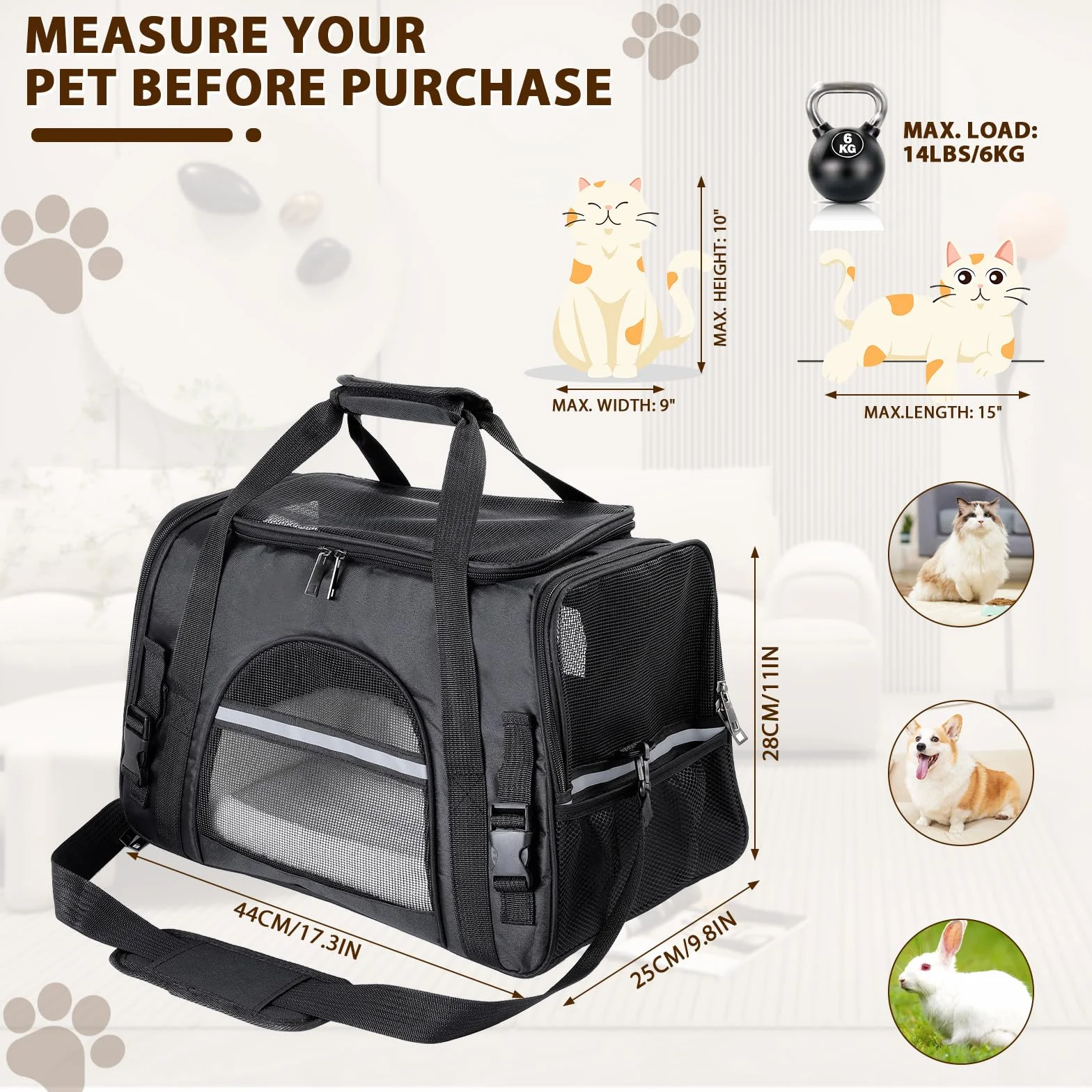Romon Sac Transport Chat Chien Respirant Pliable jusqu'à 6 kg avec Matelas en Peluche