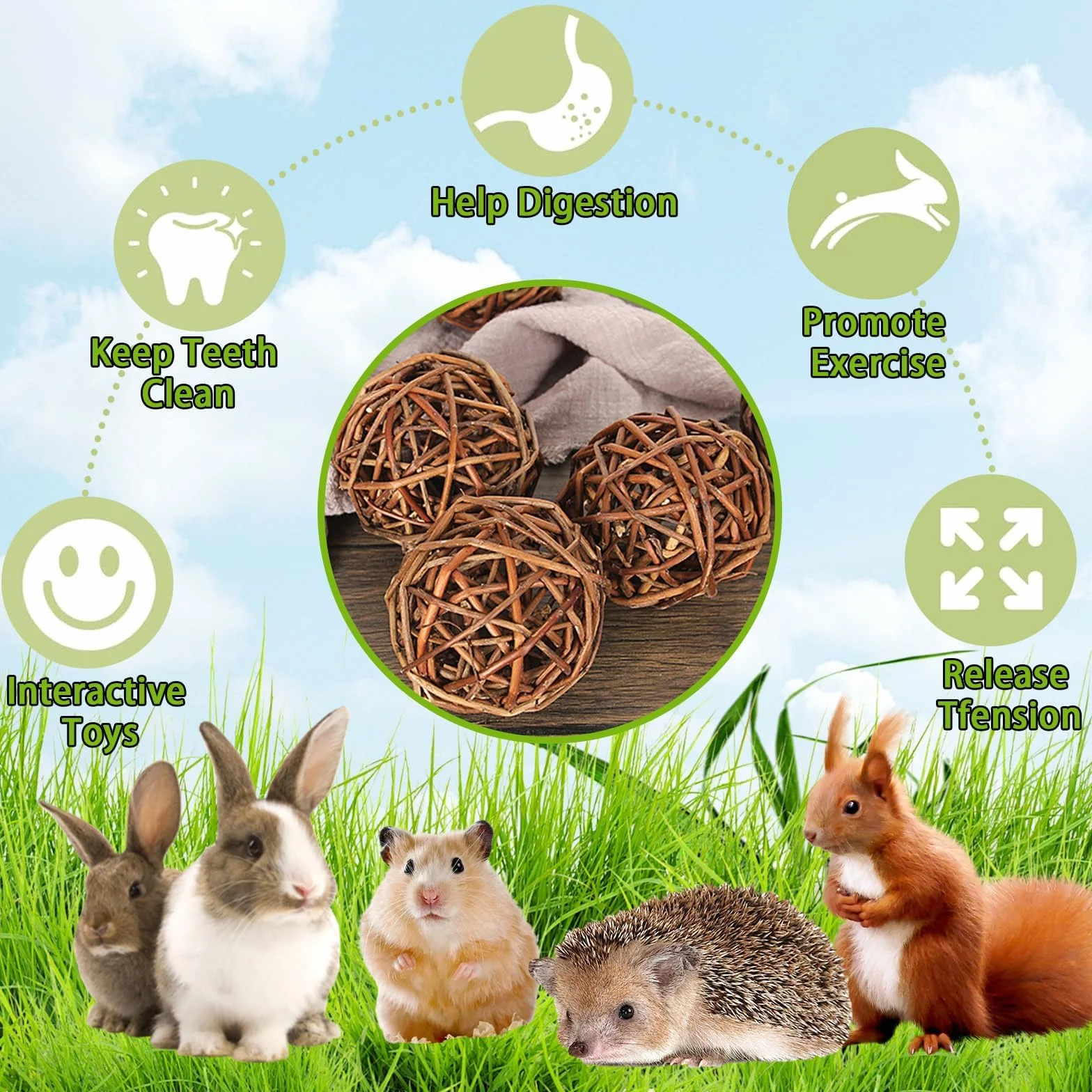 Jouet Lapin 9 Pièces Boules à Mâcher Naturel pour Petits Animaux Lapins Cobayes Hamsters (6cm)