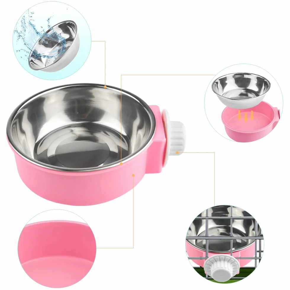 Gamelles Amovibles en Acier Inoxydable à Suspendre pour Animaux de Compagnie, Lot de 2 (Rose + Bleu)