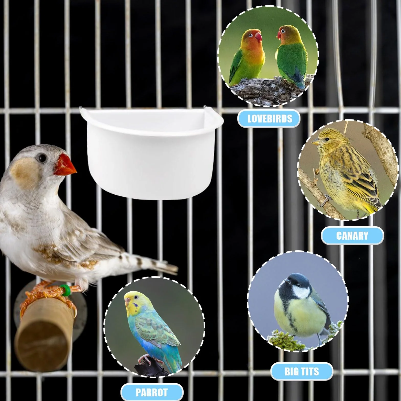 Gamelles en plastique en forme de D avec crochet pour cage à oiseaux - Accessoires pour petits oiseaux, perroquets, calopsittes et perruches (blanc)