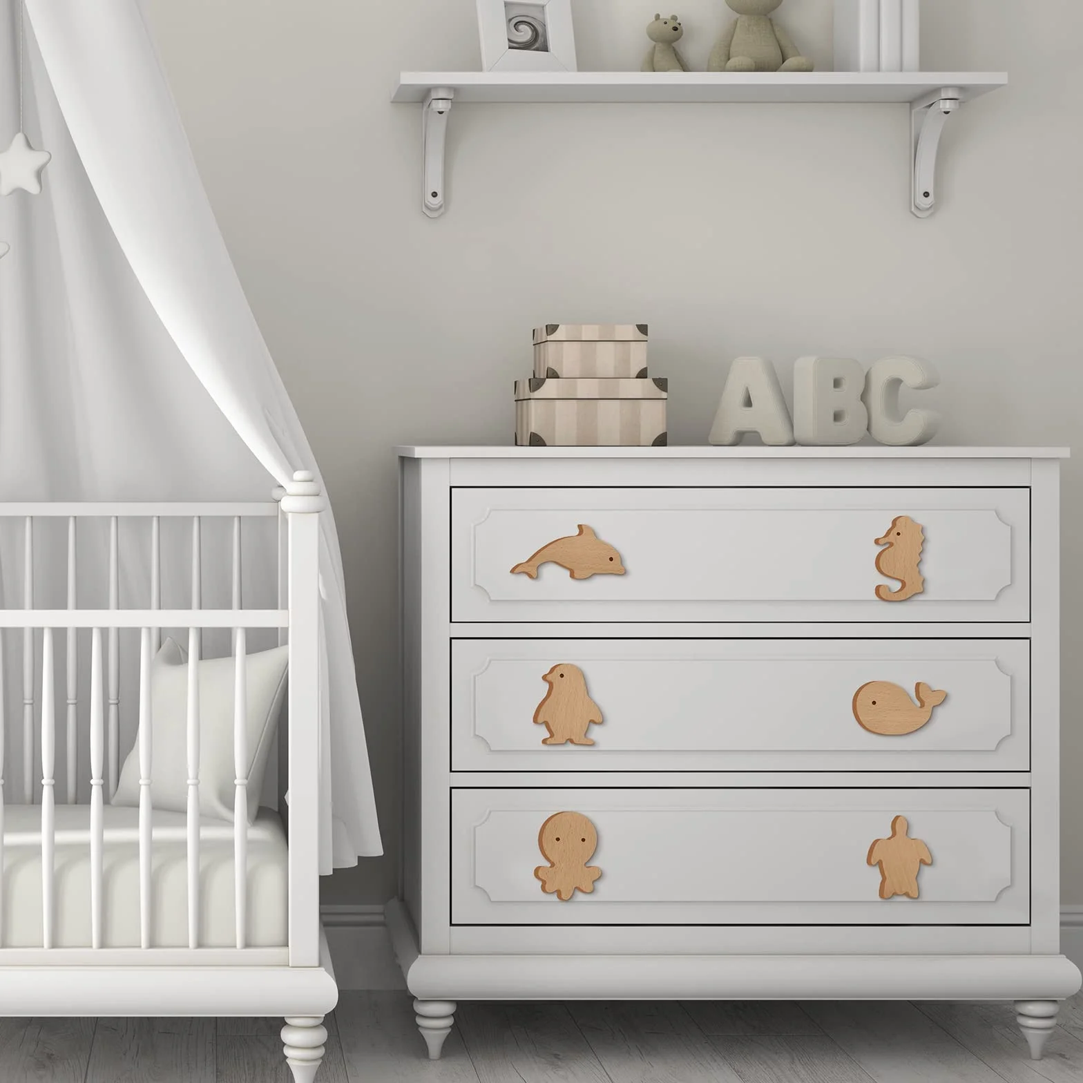 Lot de 6 boutons d'armoire en bois animaux marins – Poignées de commode décoratives avec vis – Poignées de meubles pour tiroir chambre enfant