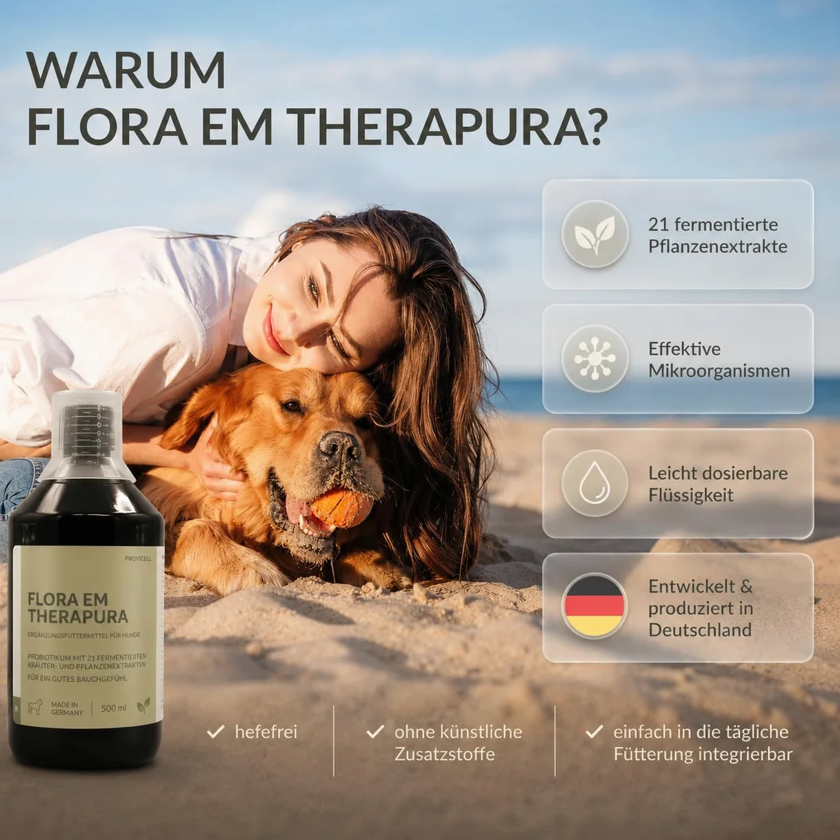 Flora EM Therapura Probiotique pour chien 500 ml liquide – Structure de la flore intestinale avec 21 herbes fermentées, micro-organismes et extraits de plantes – Digestion naturelle du chien