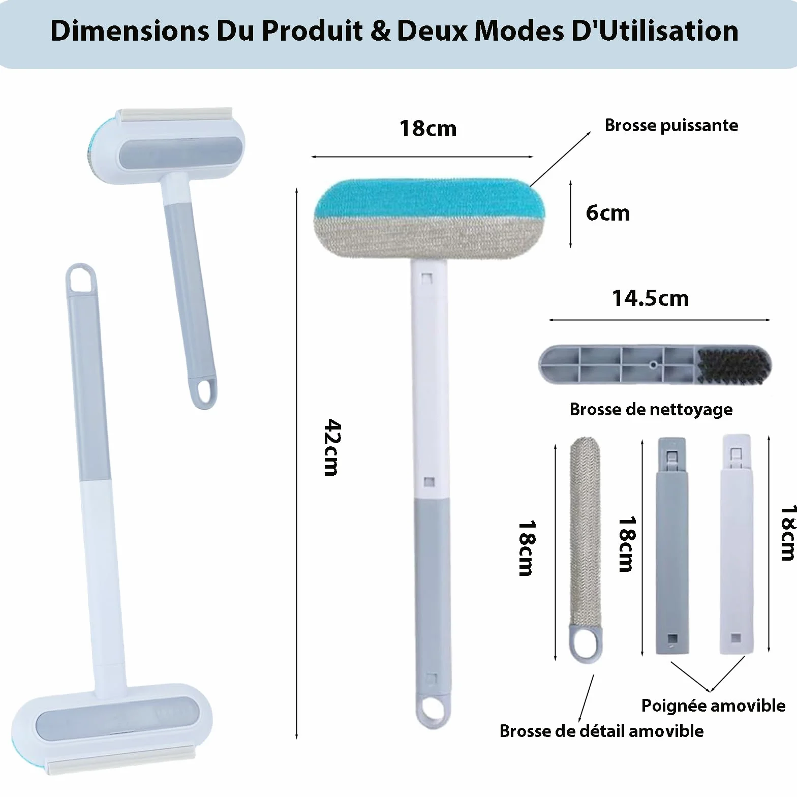 Brosse Anti Poils Animaux Réutilisable 44cm Extensible pour Chat Chien Bleu