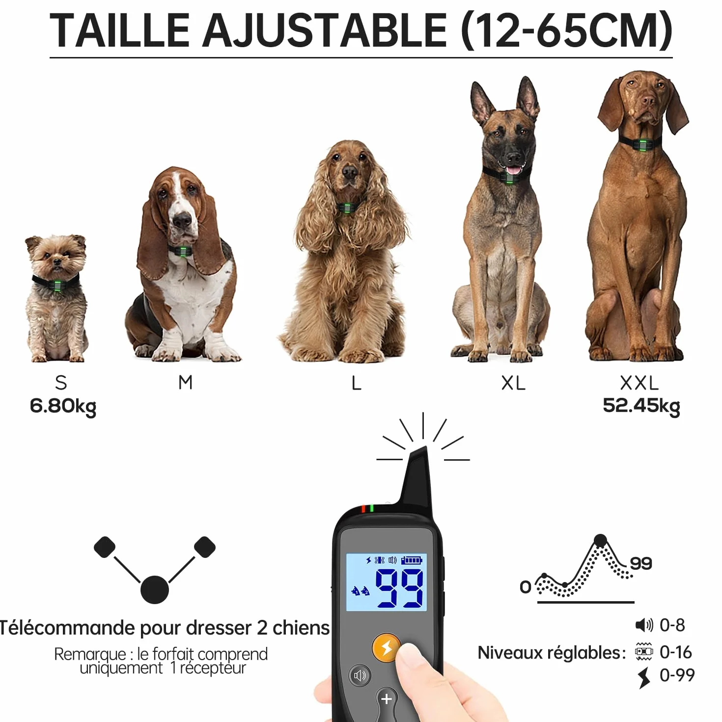 Collier de Dressage pour Chien Télécommande 3 Modes Bip Vibration Choc Portée 1000m Étanche IP67 Réglable 12-65cm Recharge Rapide