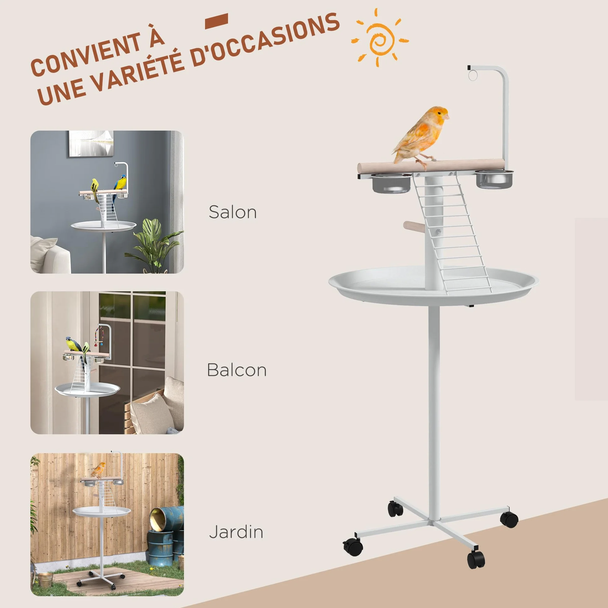 PawHut Mangeoire à Oiseaux sur Pied Acier Inoxydable 2 Bols Amovibles Ø 60 x 138H cm Blanc