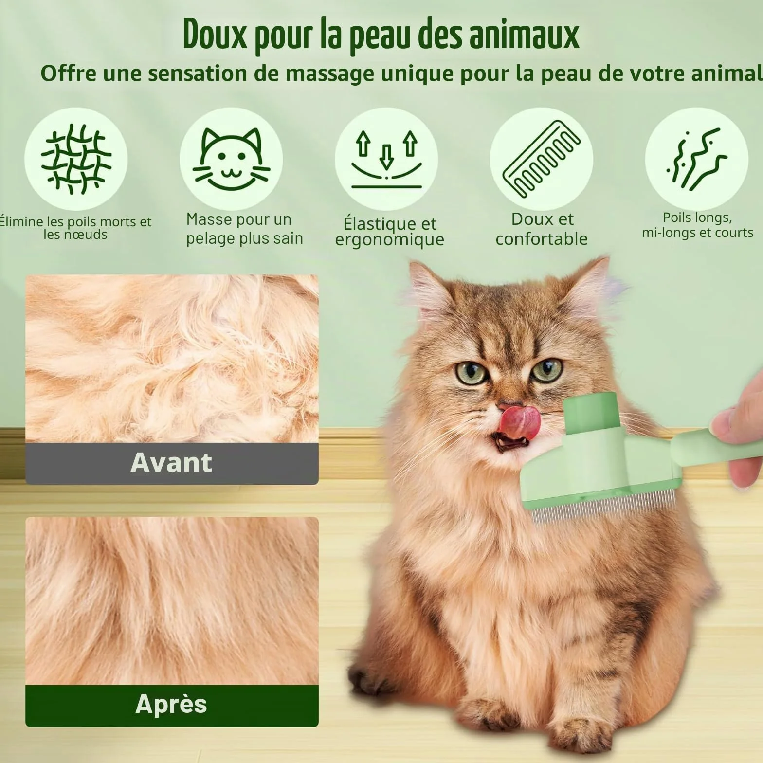 Brosse autonettoyante pour animaux de compagnie - Peigne à puces pour chat et poils longs/courts - Vert
