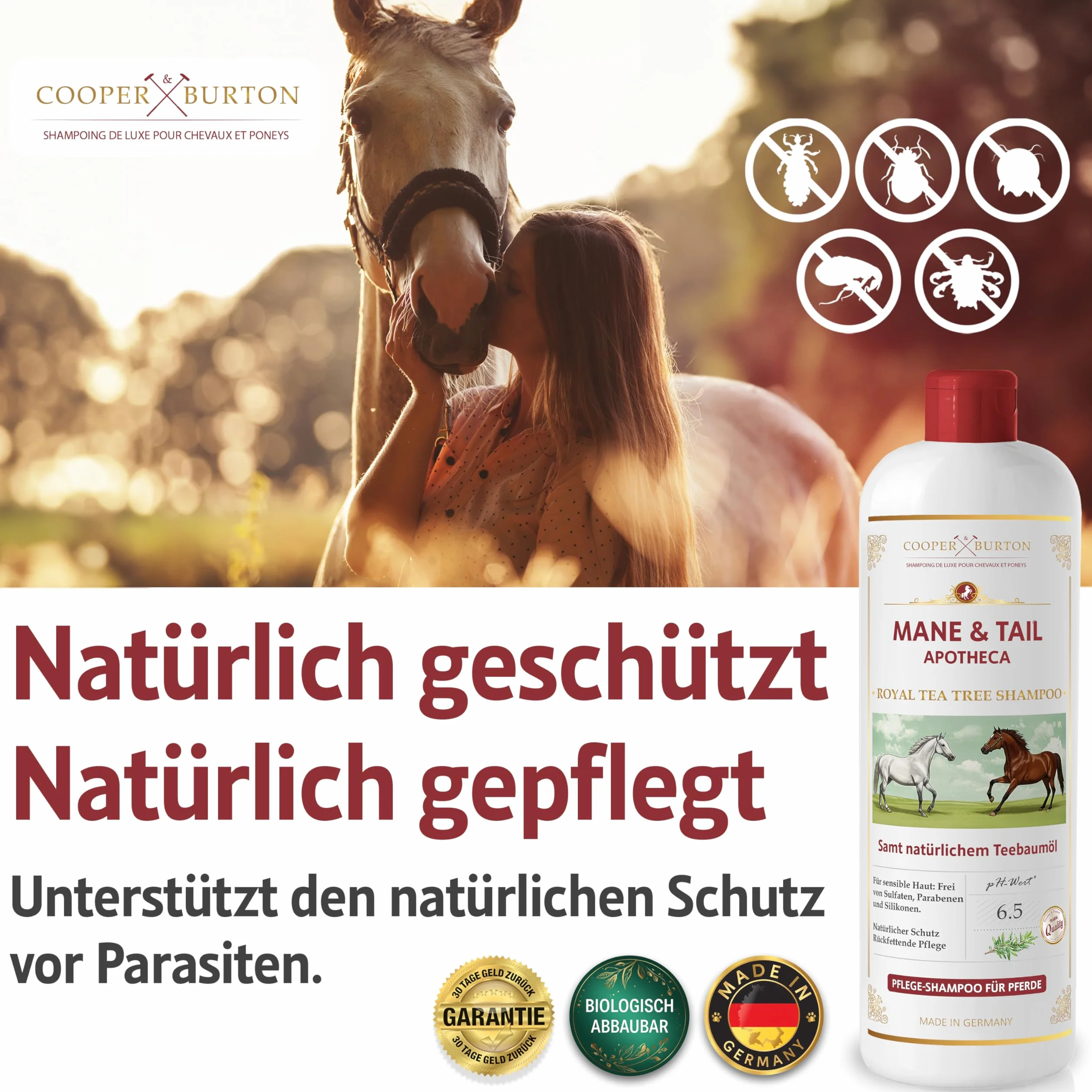 COOPER & BURTON Huile d'arbre à thé Shampoing pour chevaux et poneys 500 ml pH neutre