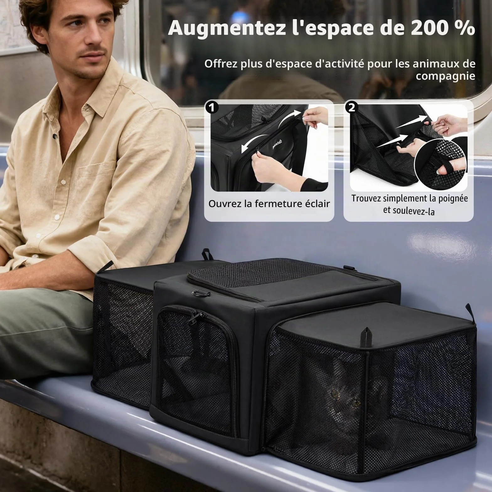 Pecute Sac de Transport Extensible Extra Stable en Maille Respirante pour Chat avec Zone Cachée, Gris Foncé