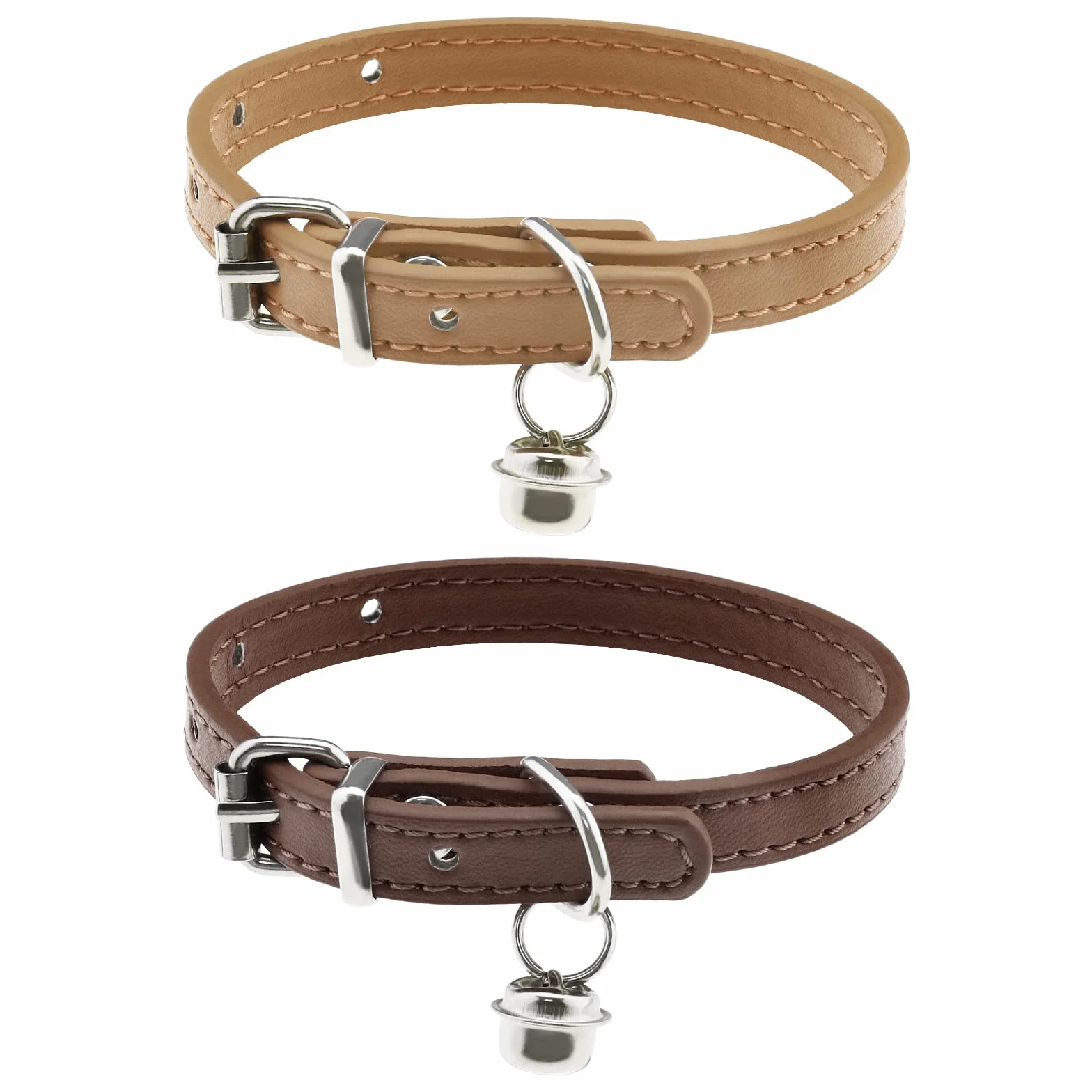 ECSiNG Collier Chat Cloche Cuir PU 15-23cm Réglable 1cm Café Kaki