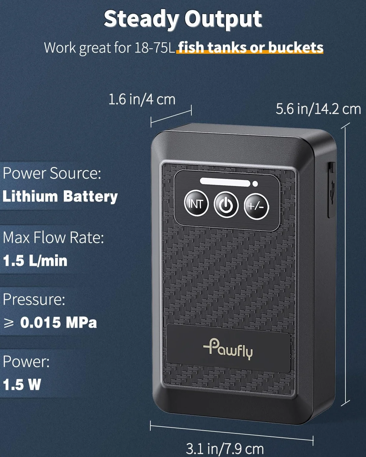 Pawfly Pompe à Air Aquarium sur Batterie au Lithium Rechargeable Type C 20-500 L Silencieux Portable