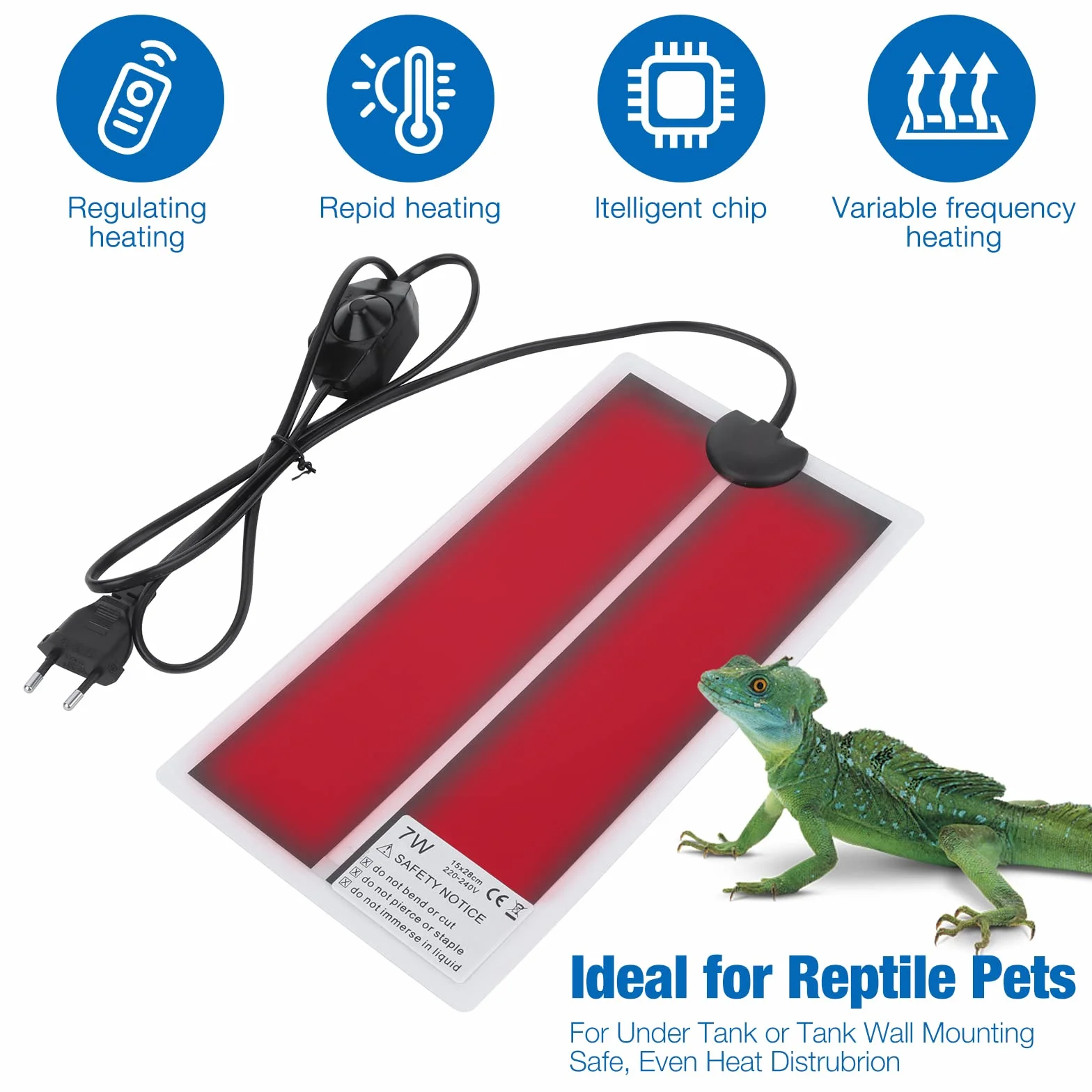 Tapis Chauffant Reptile 7W avec Contrôle de Température pour Terrarium Tortue Serpents Lézards