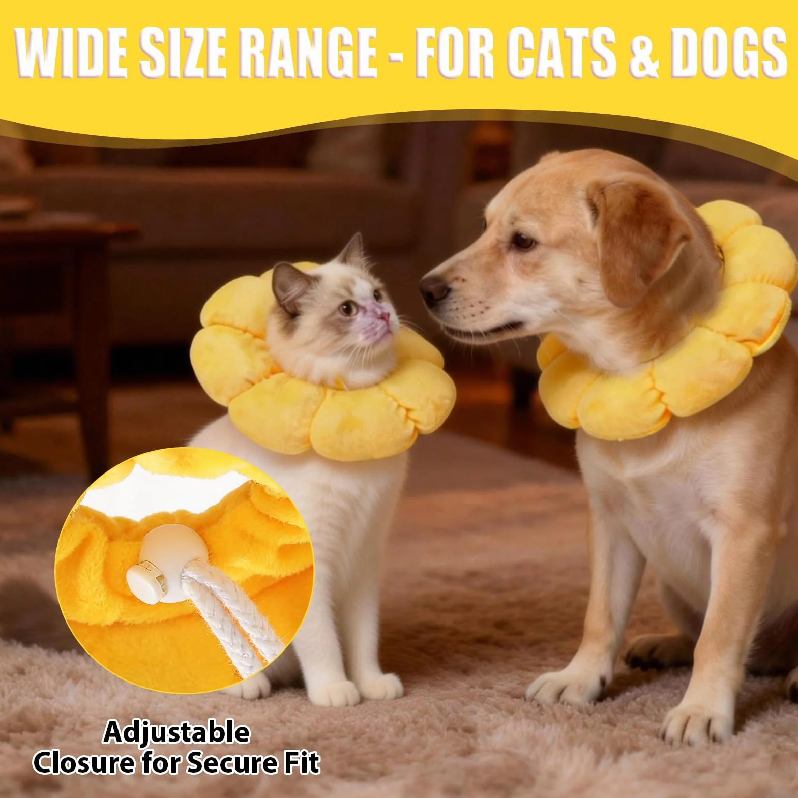 Colerette Chat Anti Lechage, Adjustable Fleurie, Confortable Souple pour Post-Opératoire, Hygiène et Anti-Parasites Extérieurs - Jaune, M