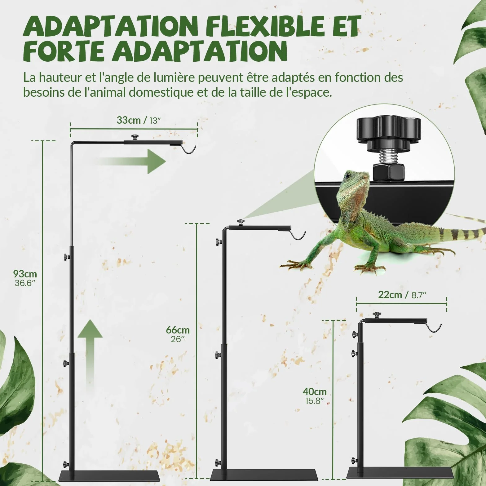 GlowUp Support de Lampe Chauffante pour Reptiles, Réglable Hauteur 40-93 cm, pour Terrarium Tortues Araignées