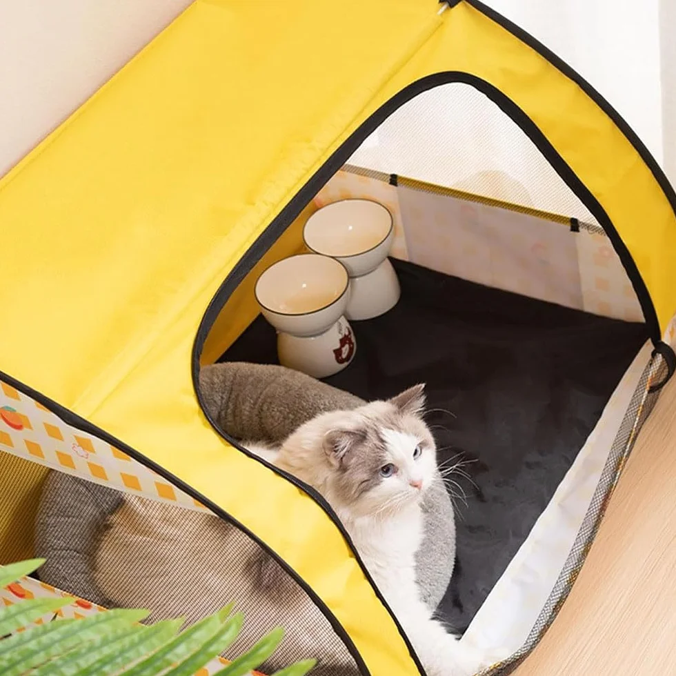 Parc pour Chien Intérieur Portable Pliable Multifonctionnel avec Fermeture éclair Jaune Taille S