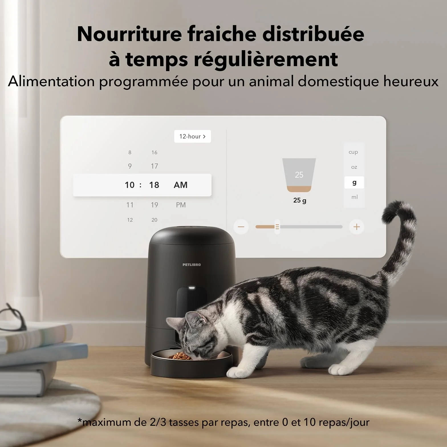 PETLIBRO Distributeur Croquettes Chat Automatique WiFi 2,4G Batterie Rechargeable 30 Jours 10 Repas 2L Noir