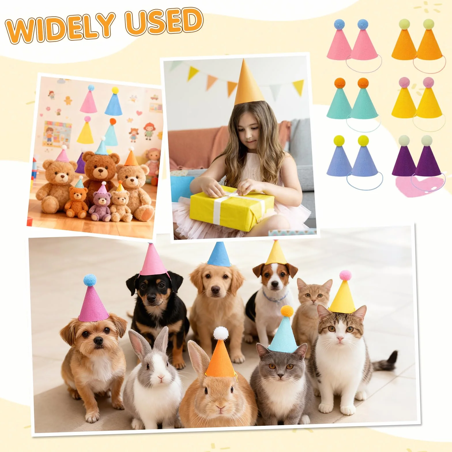 Lot de 12 mini chapeaux de fête pour animaux en peluche - Chapeaux d'anniversaire pour chats, chiens, lapins et divers accessoires pour animaux - Décoration de festival