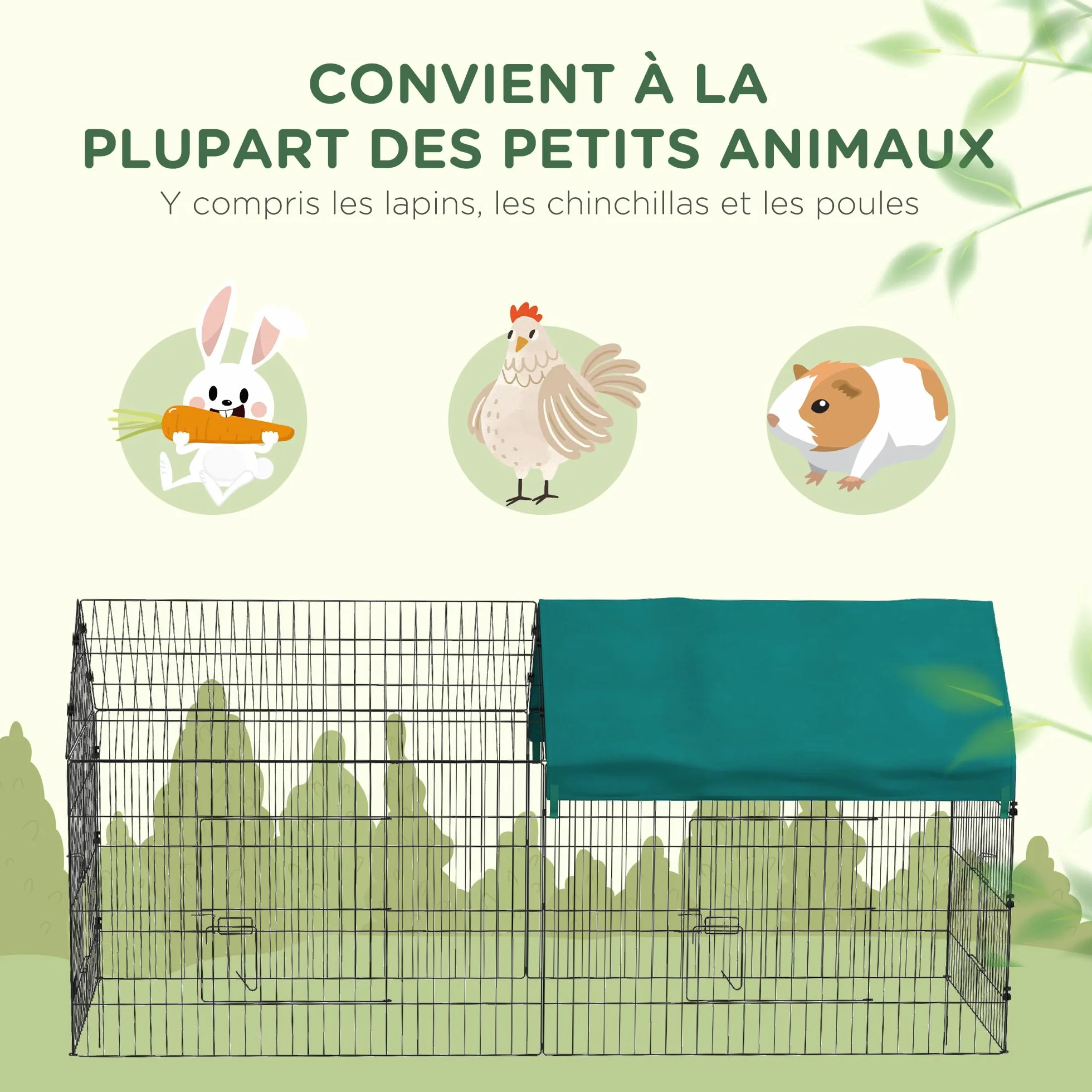 PawHut Parc enclos Cage Lapin extérieur 220 x 85 x 103 cm Acier 2 Portes verrouillables Protection Pare-Soleil Toit Vert