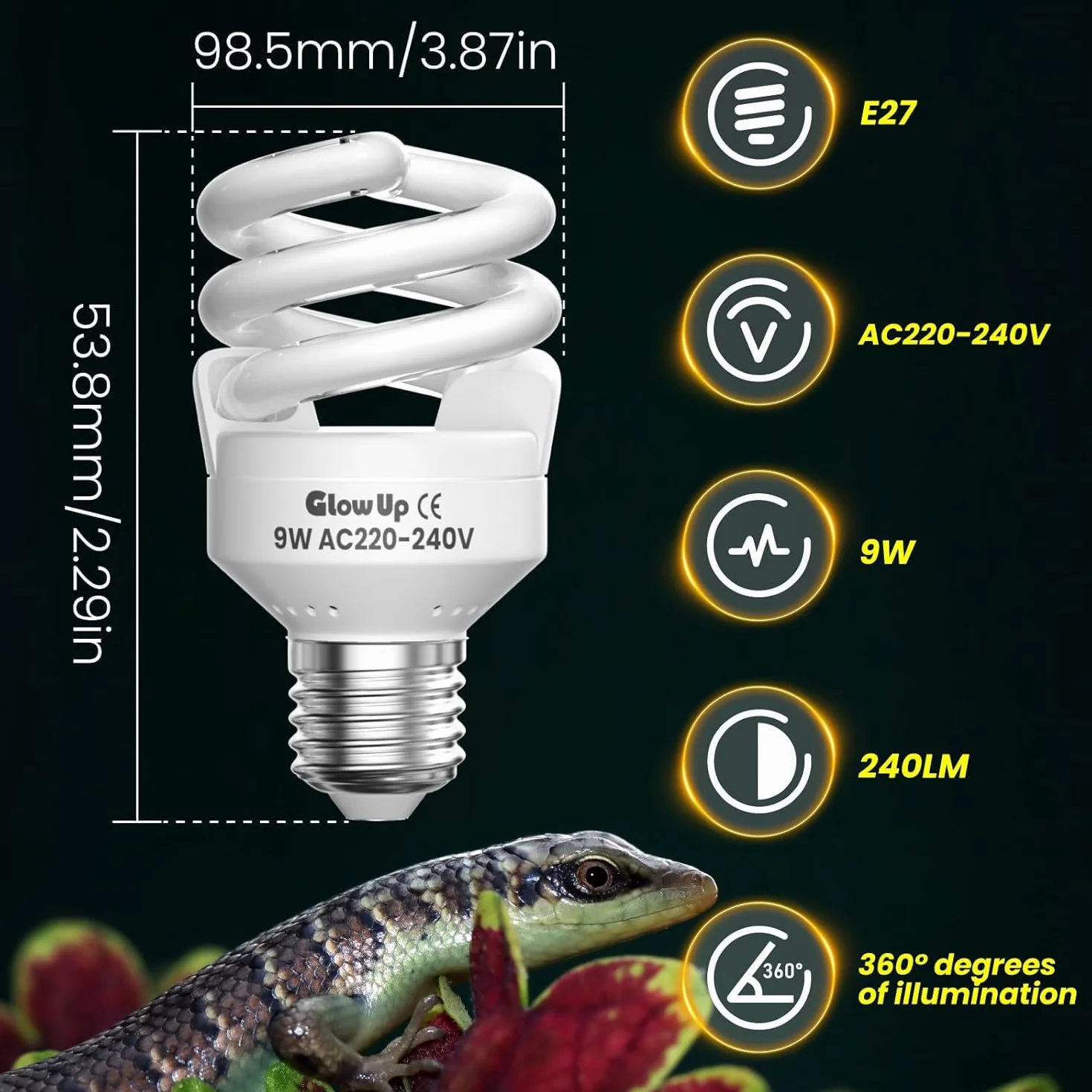 GlowUp 9W Ampoule UVB 10.0 E27 Lampe Terrarium AC 220-240V UVA UVB