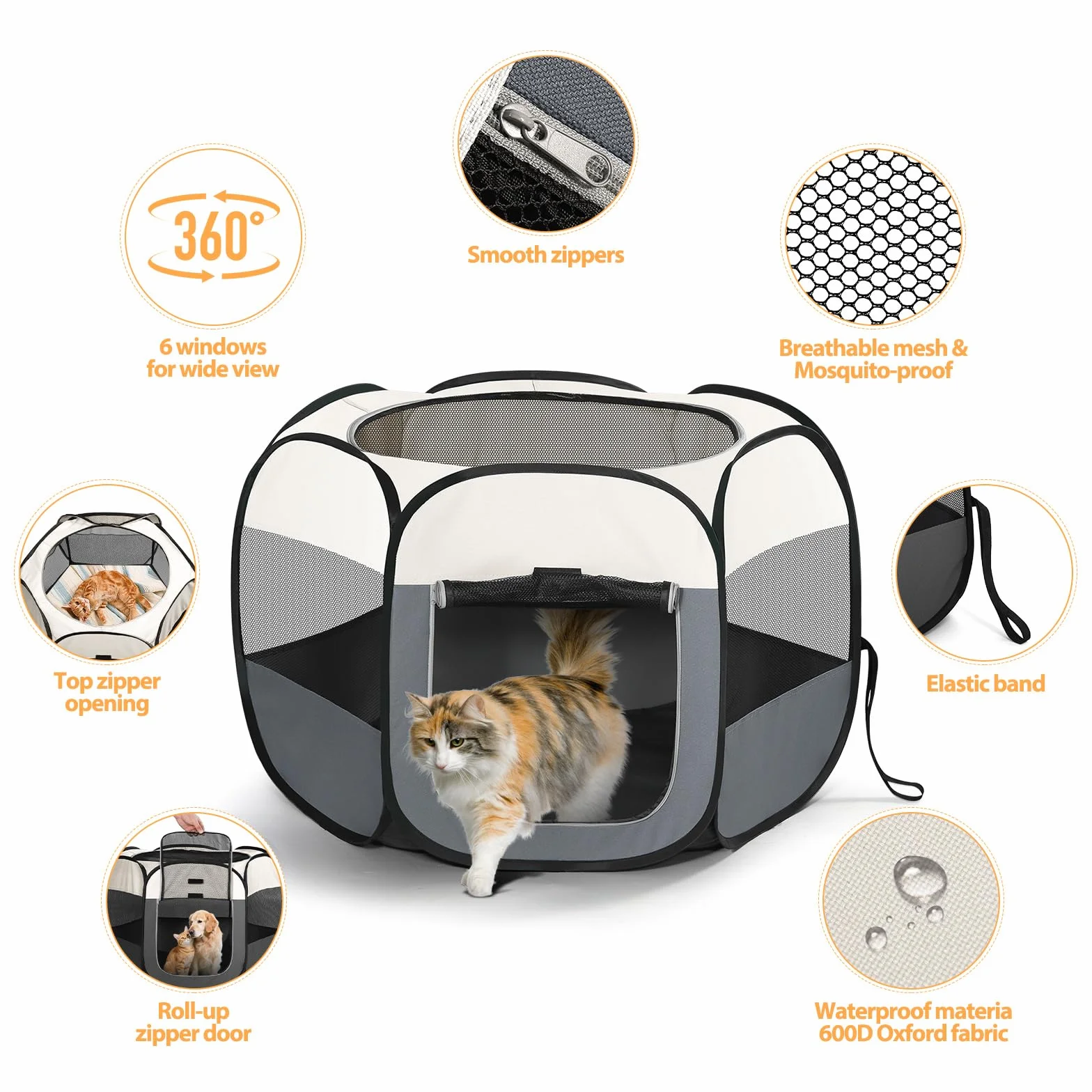 Parc pour Chien Pliable Portable avec Sac Rangement, Enclos pour Chat Chiot Petits Animaux Interieur Exterieur, Tissu Oxford Beige White 110x110x60cm
