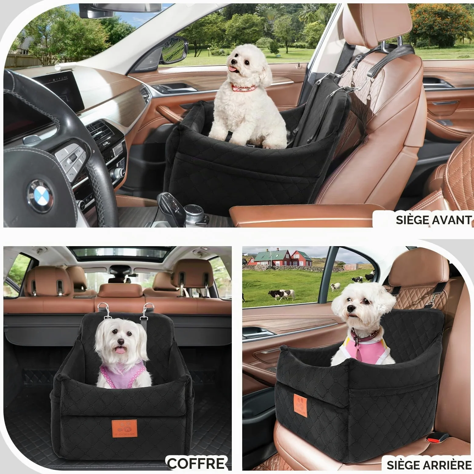 GL GLENSLAVE Siège auto pour chiens de petite/moyenne taille, sièges de voiture rehausseurs pour chiens de moins de 15,9 kg, siège auto amovible et lavable avec poches de rangement, 2 ceintures de