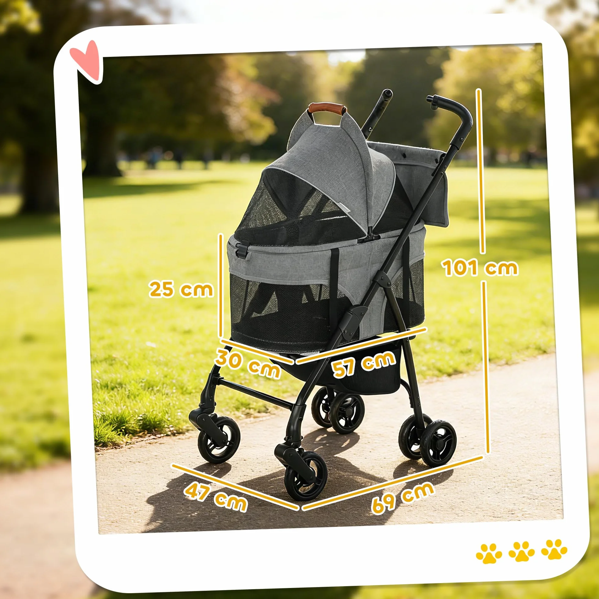 PawHut Poussette pour Chien 3 en 1 Détachable - Pousse-Chien Pliable avec Nacelle Amovible et Sans Fermeture Éclair - Suspension Tout-Terrain pour Petits Chiens et Chat de 10kg, Gris