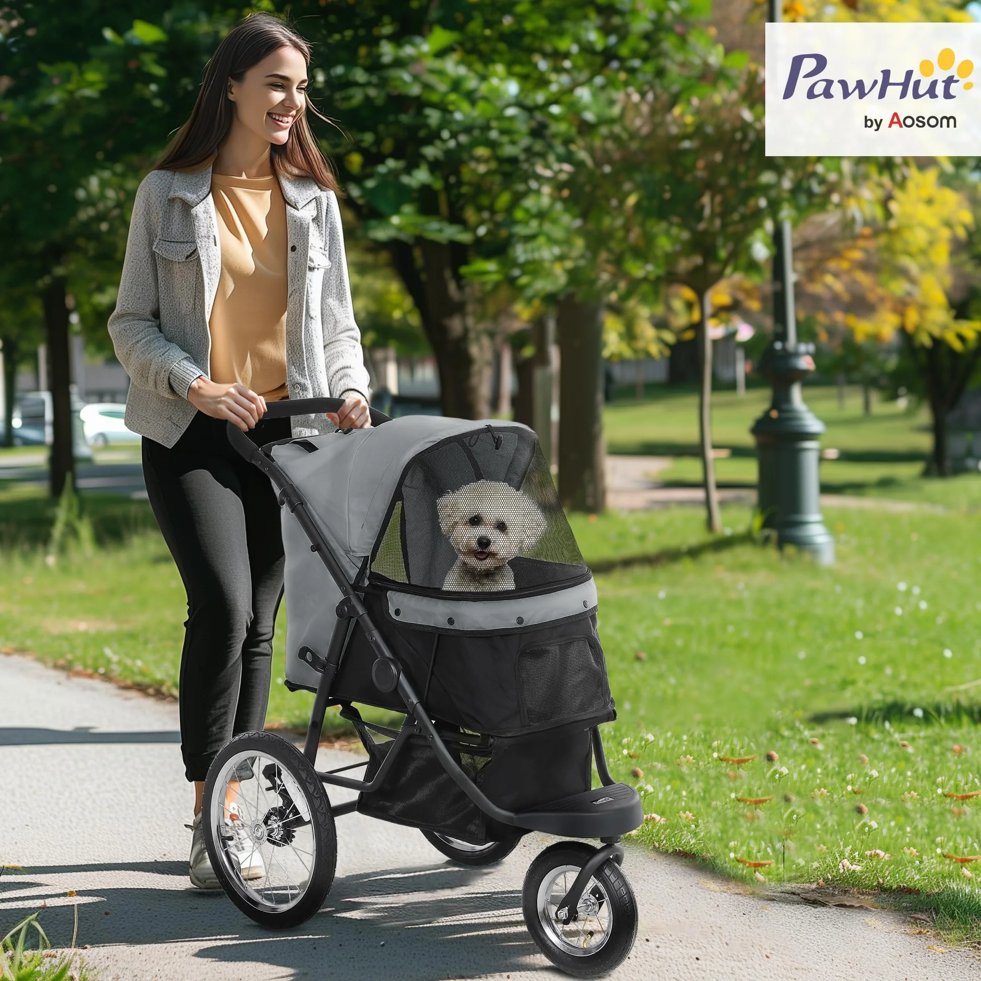 PawHut Poussette pour chien pliable en un clic, poussette chat, panier de rangement, coussin lavable, grandes roues caoutchouc, gris