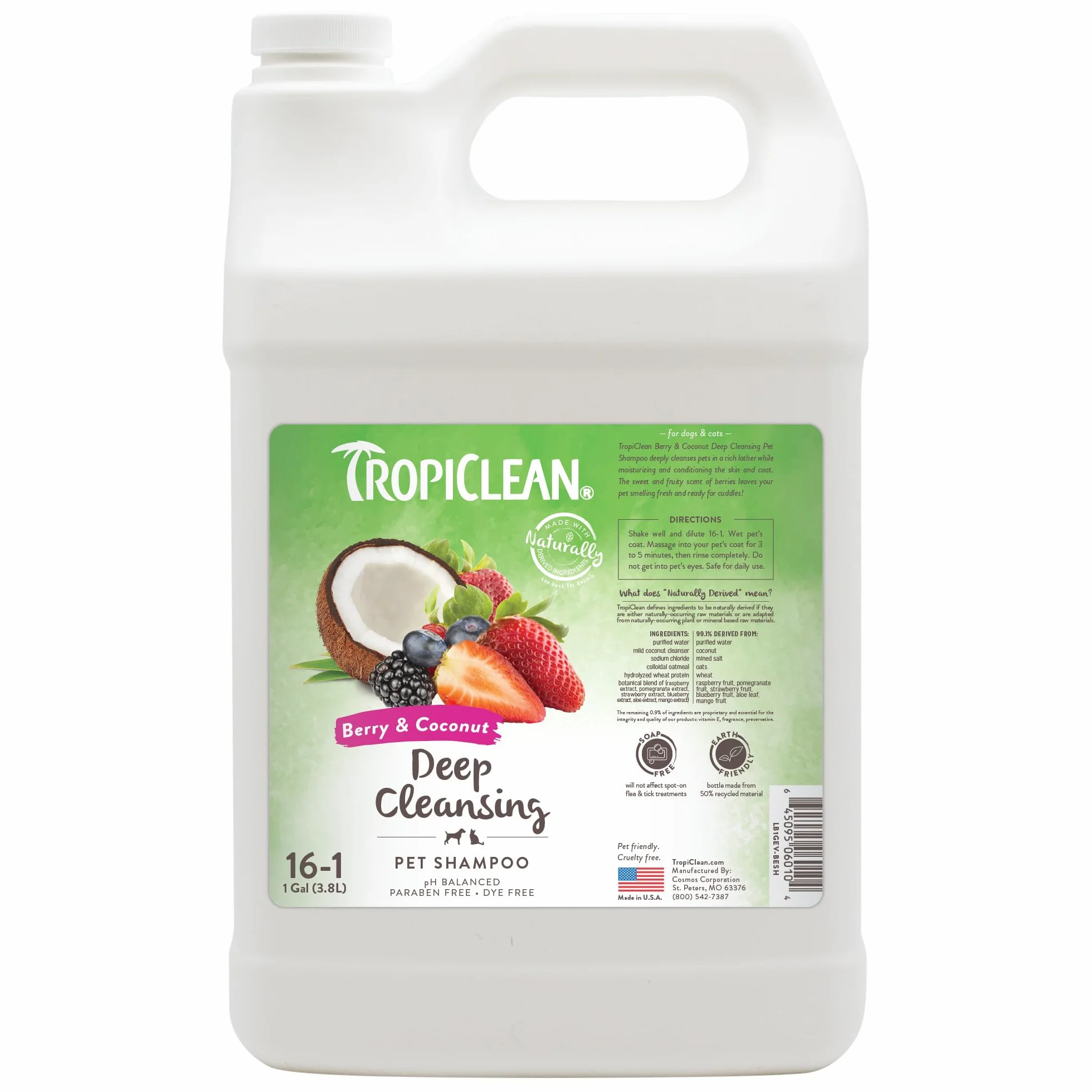 TropiClean Shampooing pour chiens et chats, nettoie et hydrate en profondeur, à base d’ingrédients naturels - Baies et noix de coco, 3,8 L