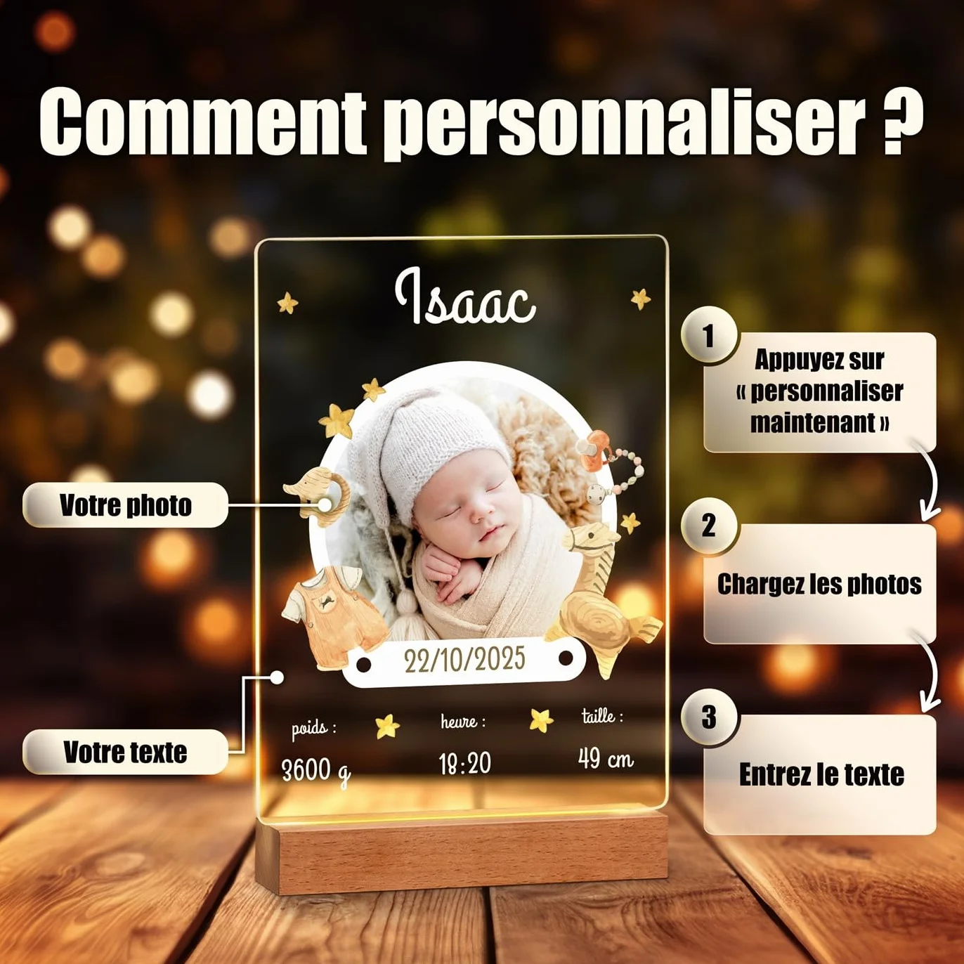 Maverton Cadre Photo Personnalisé Enfants Lampe LED Plaque Personnalisable Souvenir Jeunes Parents
