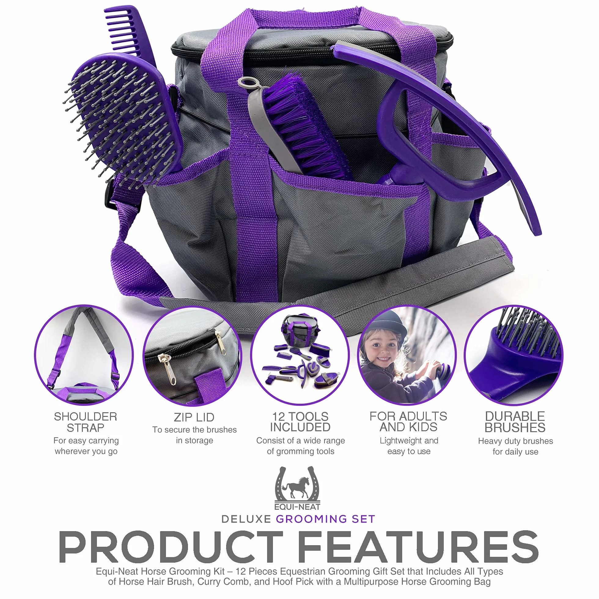 Kit toilettage équestre Equi-Neat 12 pièces brosse crin peigne curry cure-sabots