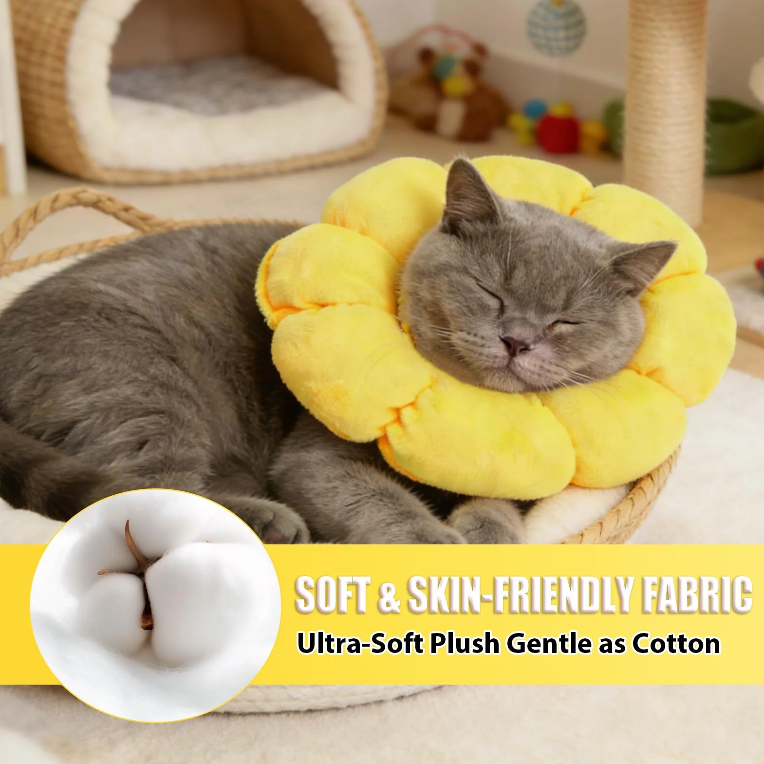 Colerette Chat Anti Lechage, Adjustable Fleurie, Confortable Souple pour Post-Opératoire, Hygiène et Anti-Parasites Extérieurs - Jaune, M