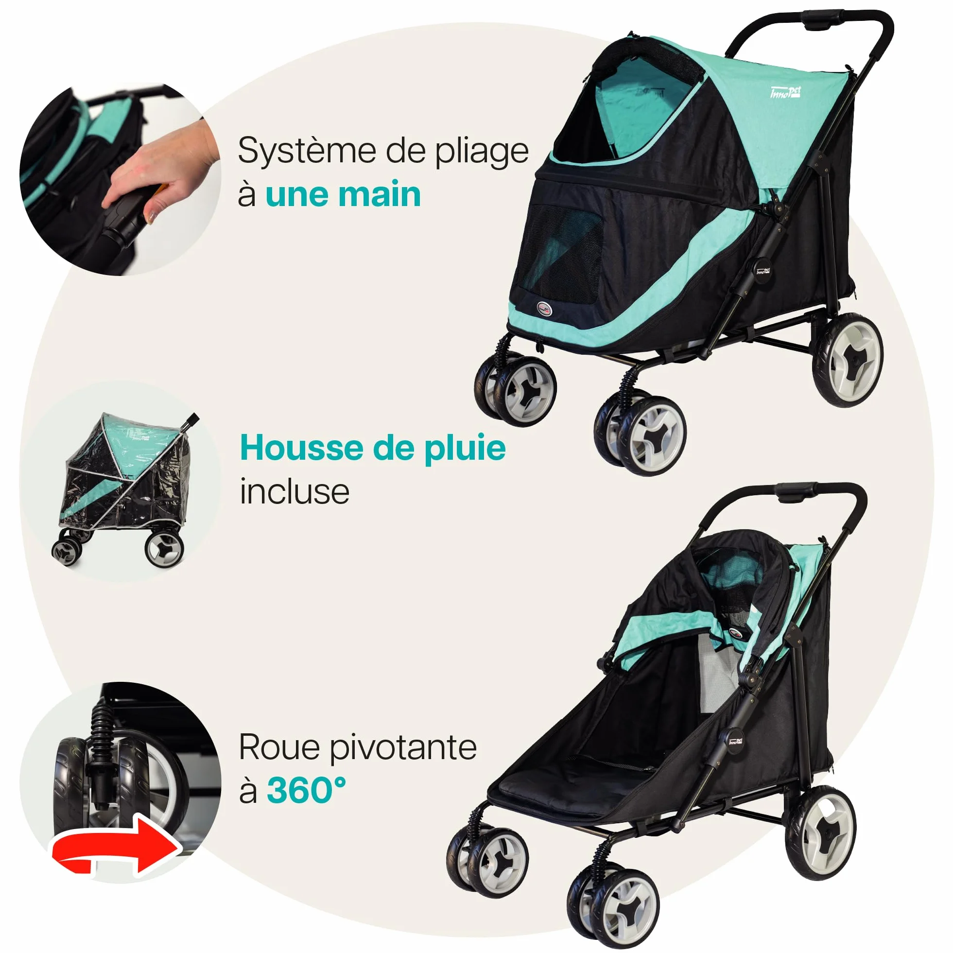 Chariot pour chien Innopet Mamut grand format bleu - Supporte jusqu'à 50 kg - Housse de pluie incluse - Pliage d'une seule main - Roues avant pivotantes, Remorque de chiens de taille moyenne et grande