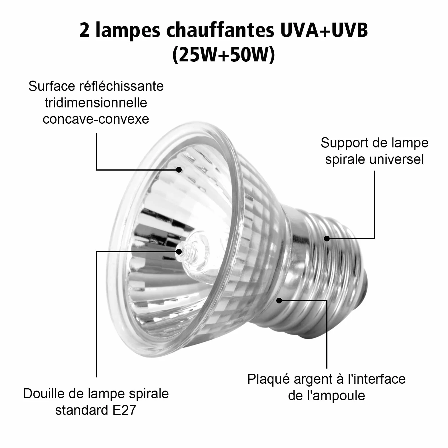 Kit Lampe Chauffante Reptiles avec 2 Ampoules UVA UVB 25W 50W Lampe Tortue Terrestre Base Longue 360 Rotation