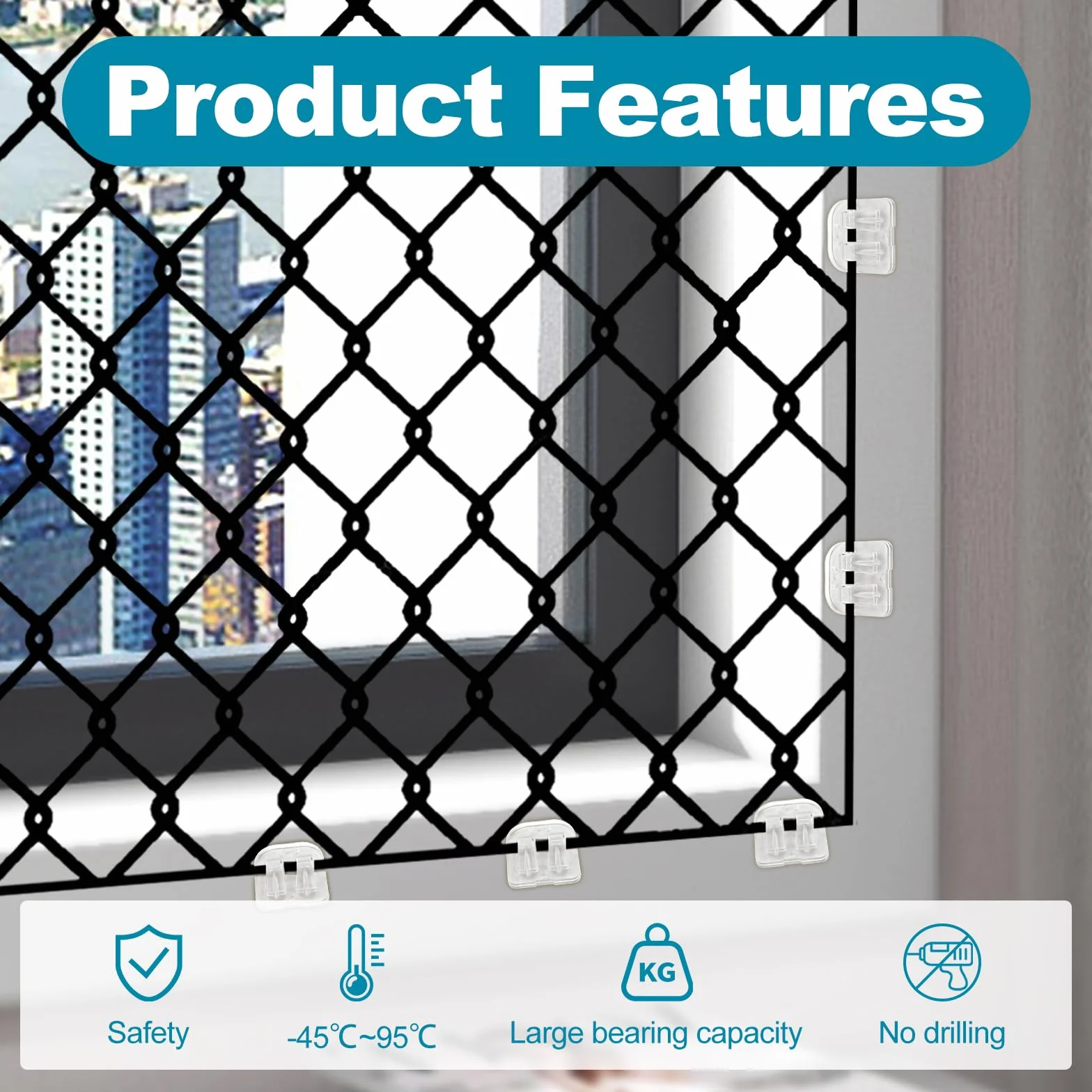 Crochet sans Percage de Filet Chat Balcon, Étanche, Anti UV, 100 Pièces, 6 Adhésif Extra Fort