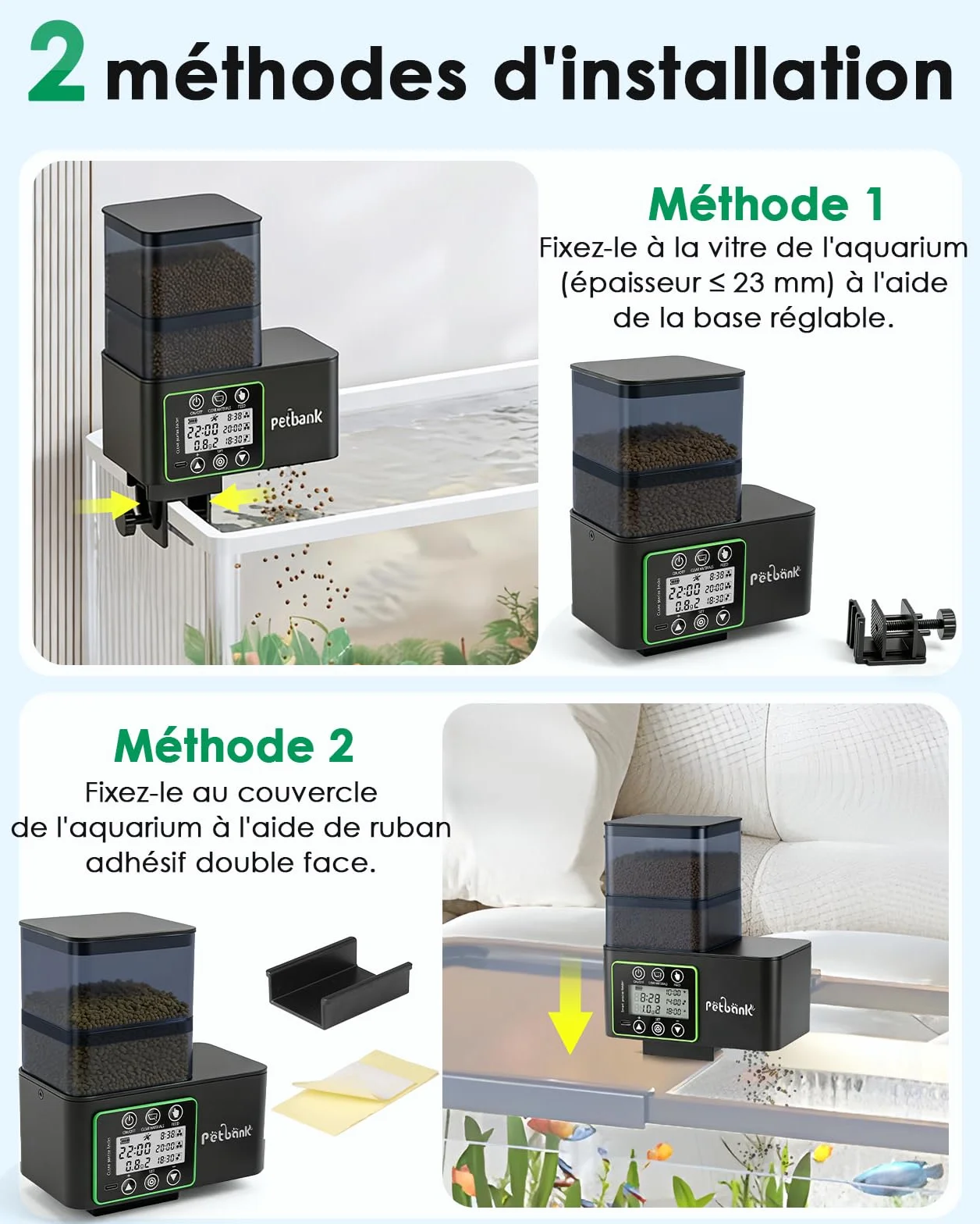 Distributeur Nourriture Poisson 230/510mL, Distributeur Automatique Poisson avec Timer, Distributeurs de Nourriture Aquarium Rechargeable USB, Écran LCD – Distributeurs de Nourriture Aquarium