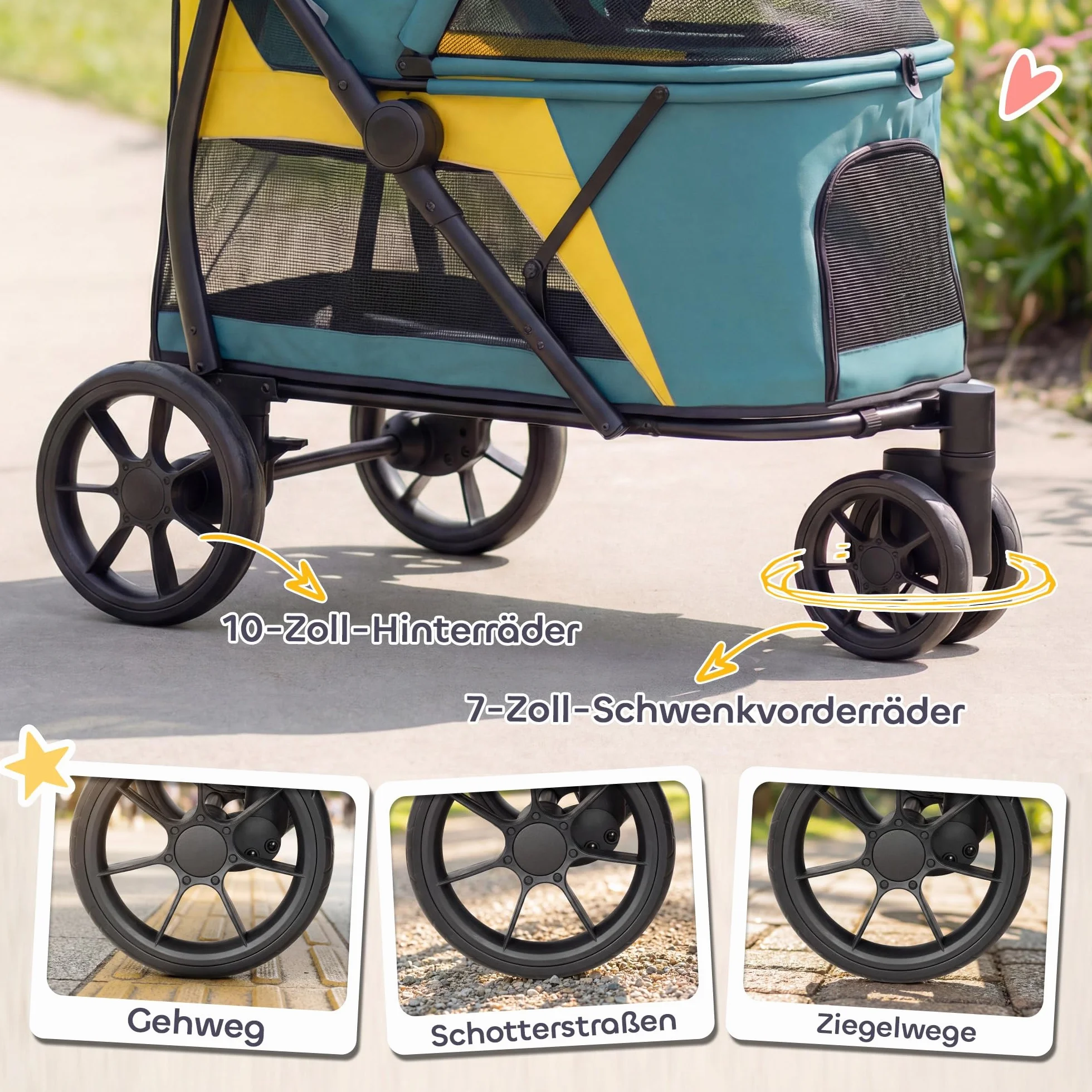 PawHut Poussette pliable pour chien jusqu'à 20 kg avec coussin lavable, fenêtre en filet, 3 roues, porte, poche arrière, poussette pour animaux de compagnie de petite et moyenne taille, vert foncé