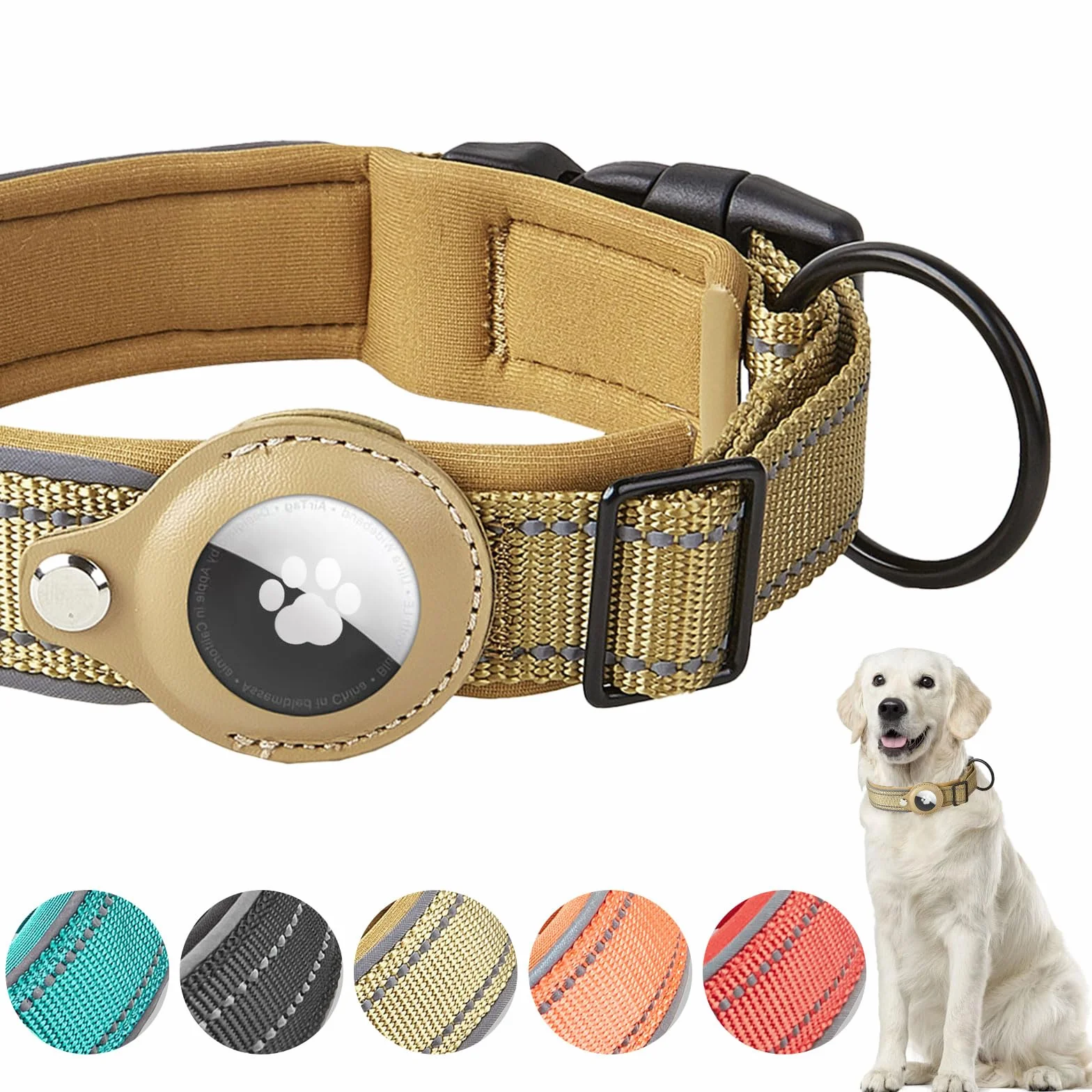 Collier Chien Réfléchissant Réglable en Nylon pour Apple AirTag avec Étui, Kaki S