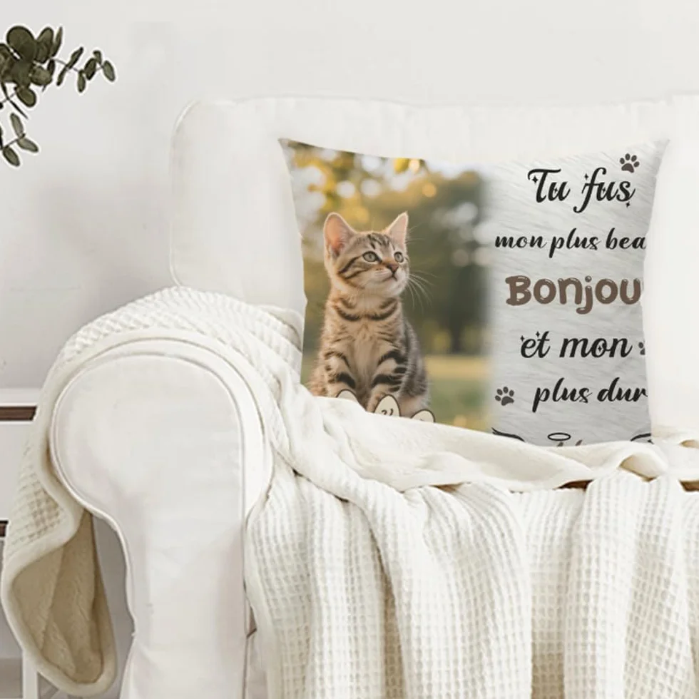 Coussin Chat Personnalisé Photo et Nom Impression Recto Verso Souvenir Commémoratif Cadeau Réconfortant Perte Animal