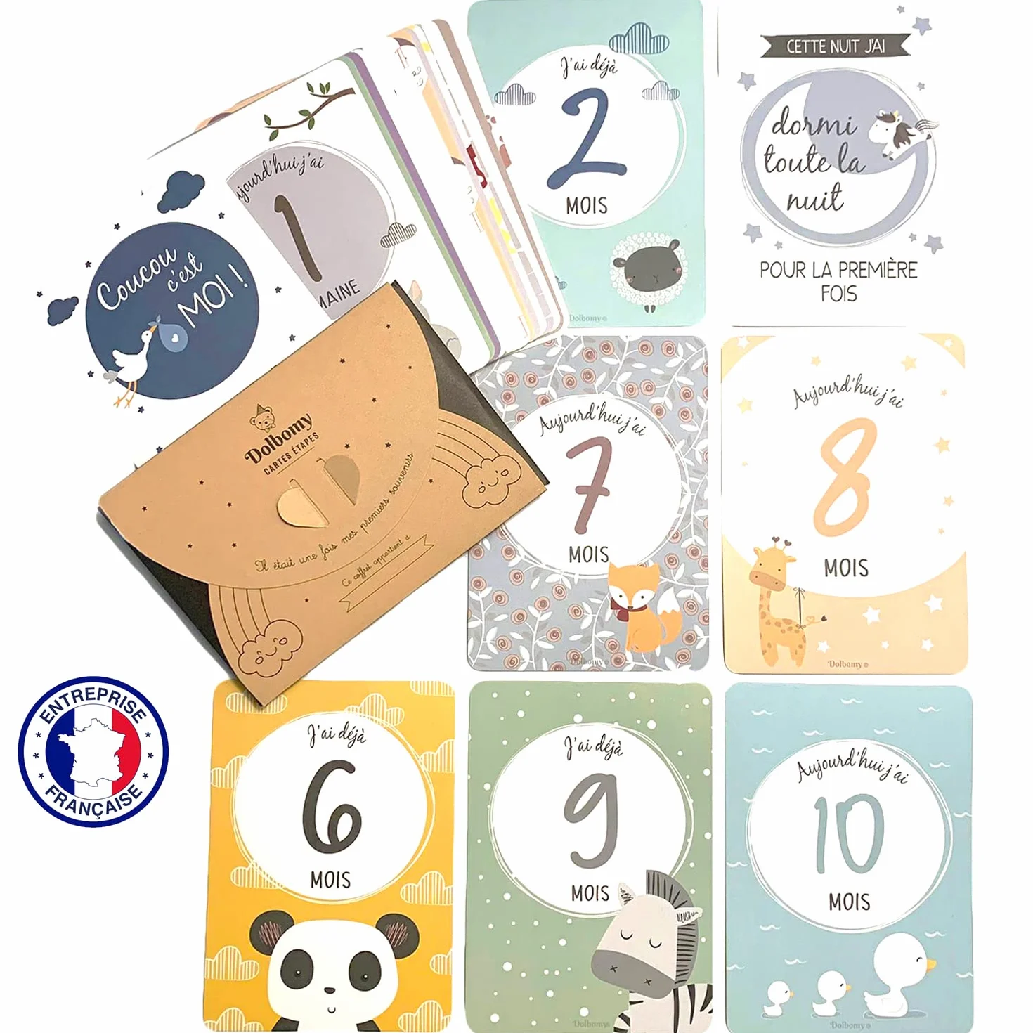 Coffret Carte Etape Bebe Francais Dolbomy - Lot de 25 Cartes Etapes Naissance 1 an - Cadeau Personnalisable Fille Garcon
