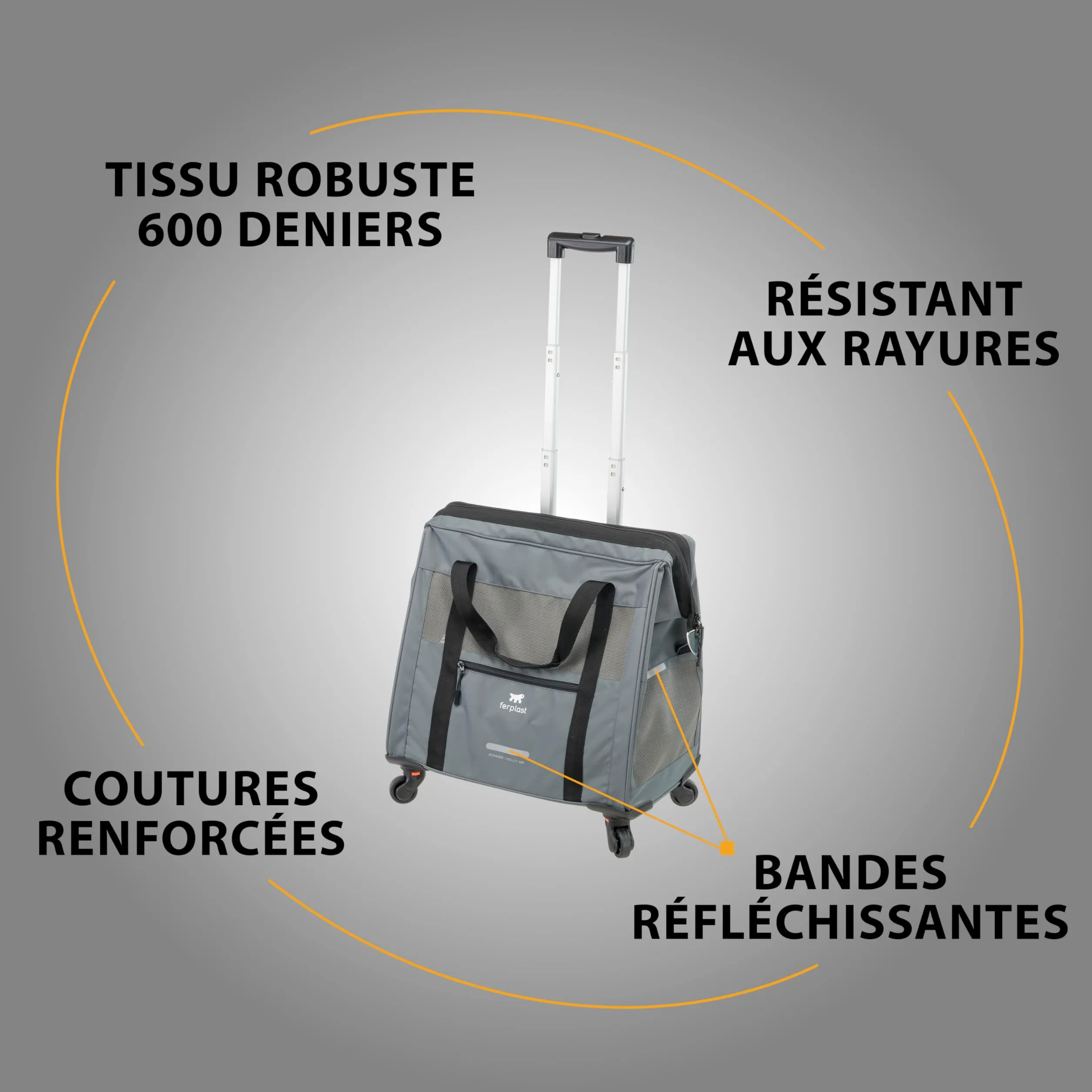 Ferplast Sac de Transport pour Chat Voyager Trolley, Sac Transport Chien, Poignée Extensible, Sangles Réglables, Large Ouverture, Roues Amovibles, Max 15 kg, 46 x 26 x 48H cm, Gris