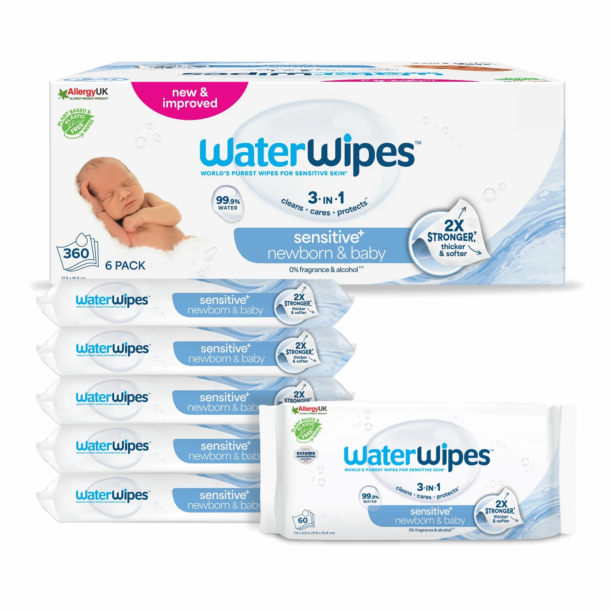 WaterWipes Sensitive+ Lingettes Bébé 360 unités (6 paquets) 99,9% eau non parfumées